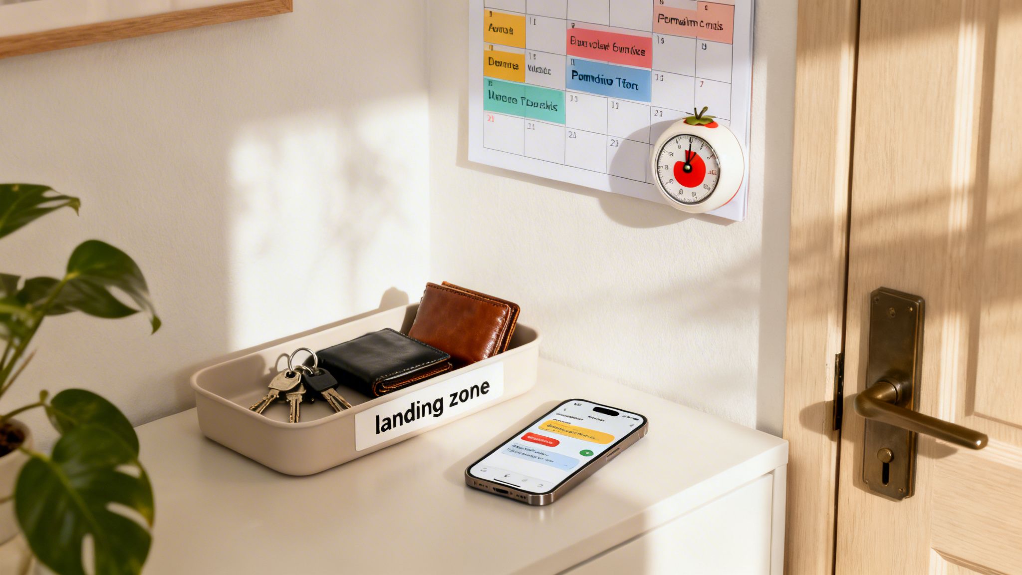A well-organized entryway featuring a 'landing zone' tray with keys, wallets, a smartphone, and a wall calendar.