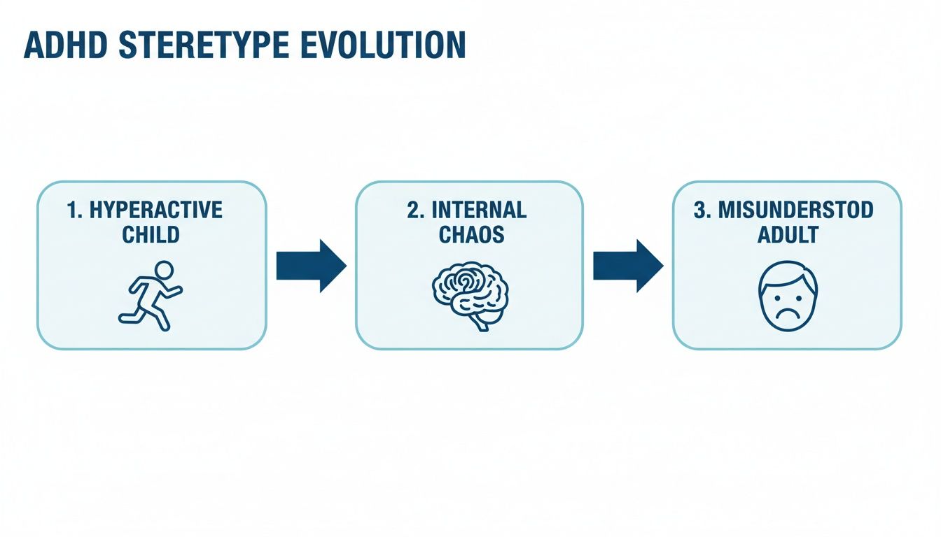 Infographic showing the evolution of ADHD stereotypes: hyperactive child, internal chaos, misunderstood adult.