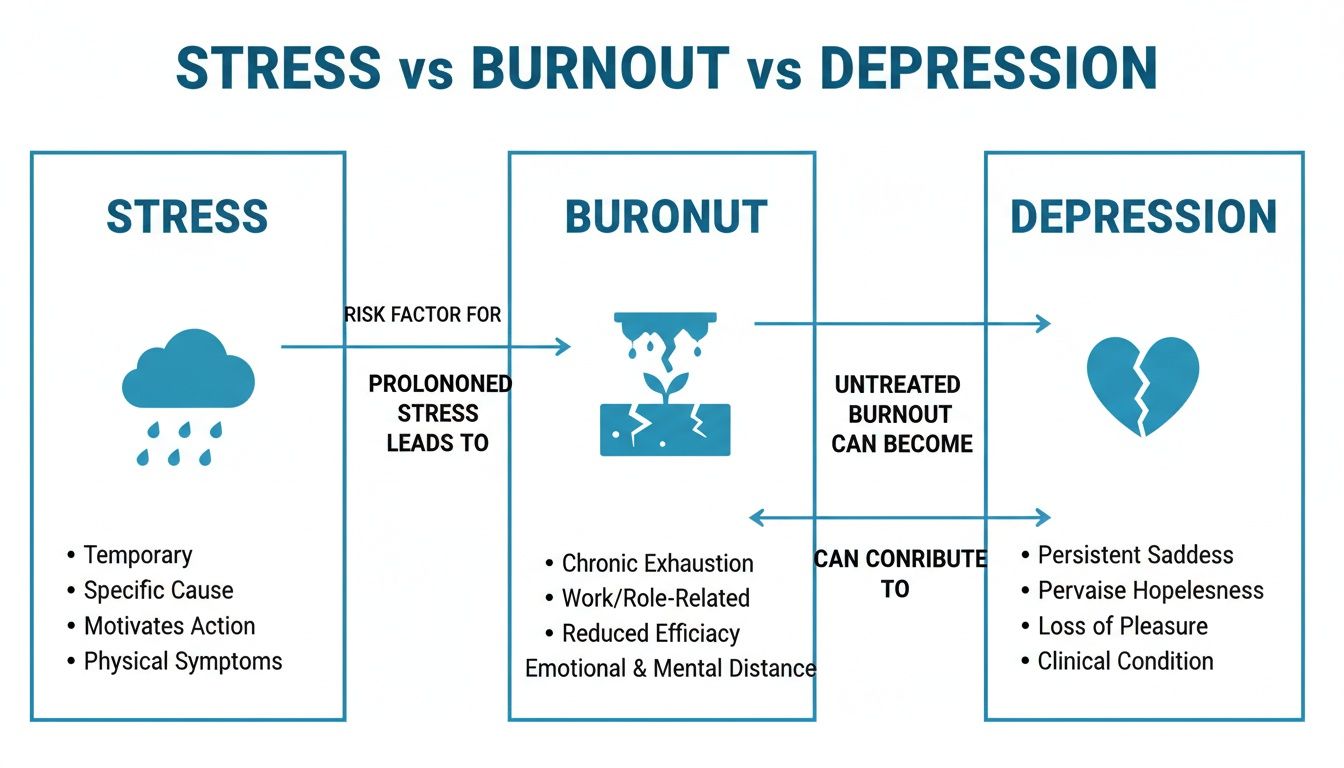 Diagram illustrating the relationship between stress, burnout, and depression with key characteristics.