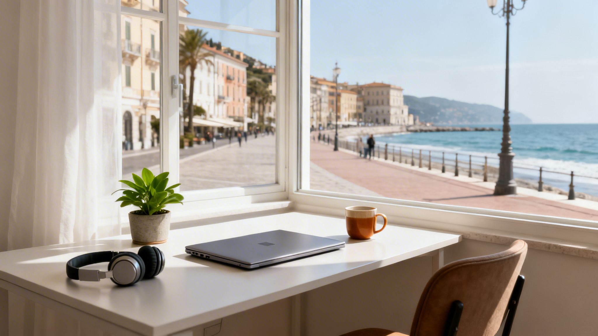 A modern workspace by a window with a laptop, headphones, plant, and mug overlooking a beautiful coastal town.