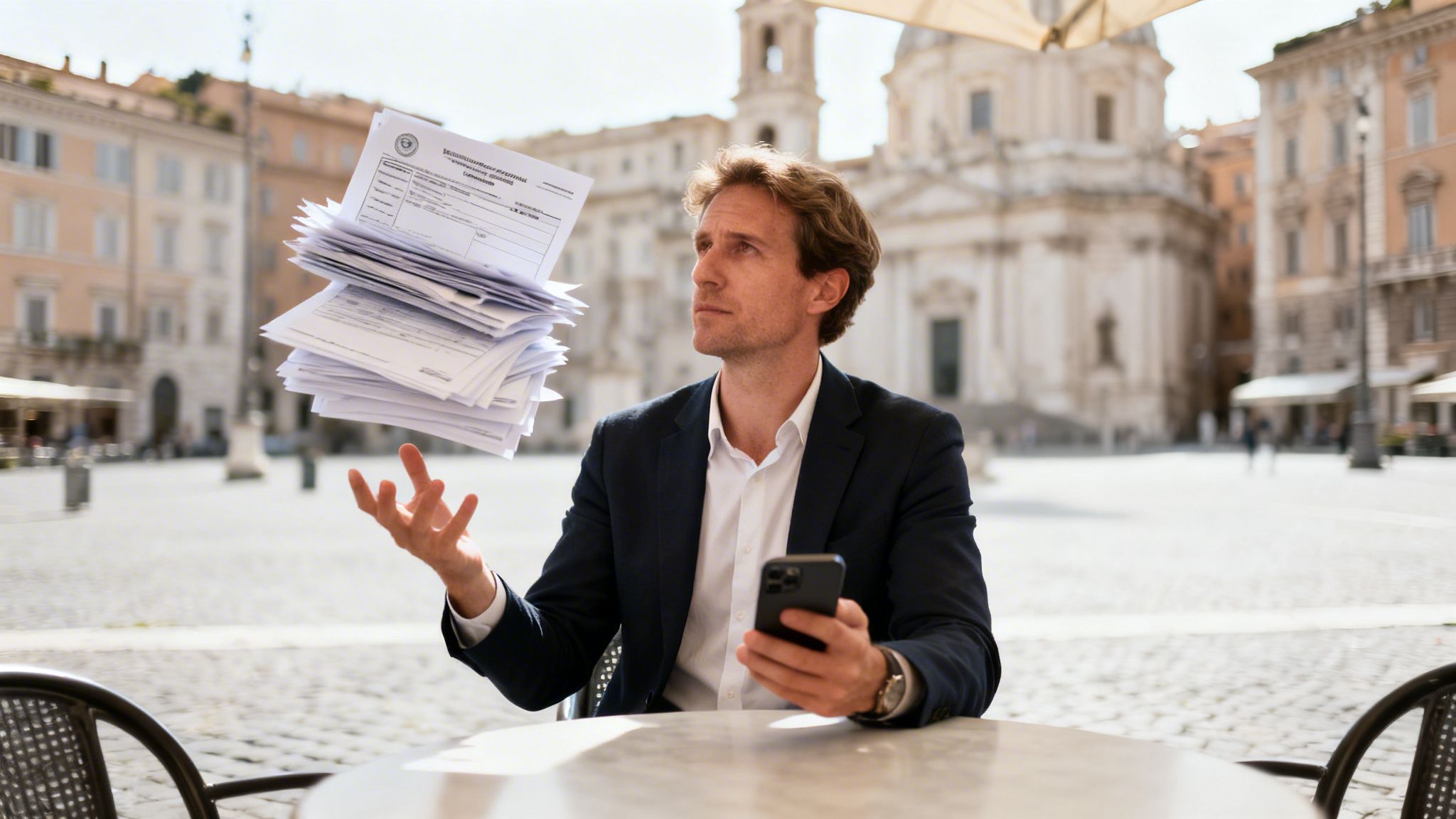 A man in a suit looks overwhelmed by a levitating stack of papers while holding a phone at an outdoor cafe.