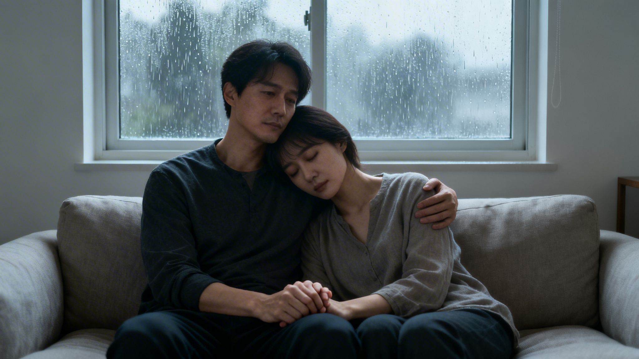 A solemn couple embraces on a couch during a rainy day, showing support and comfort.