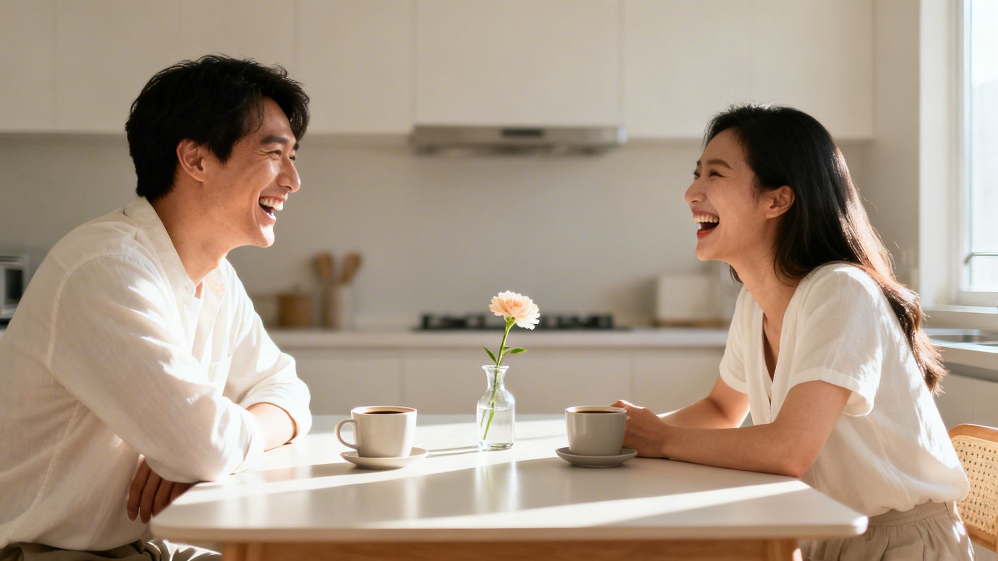 A happy Asian couple laughs while enjoying coffee together at a sunlit kitchen table.