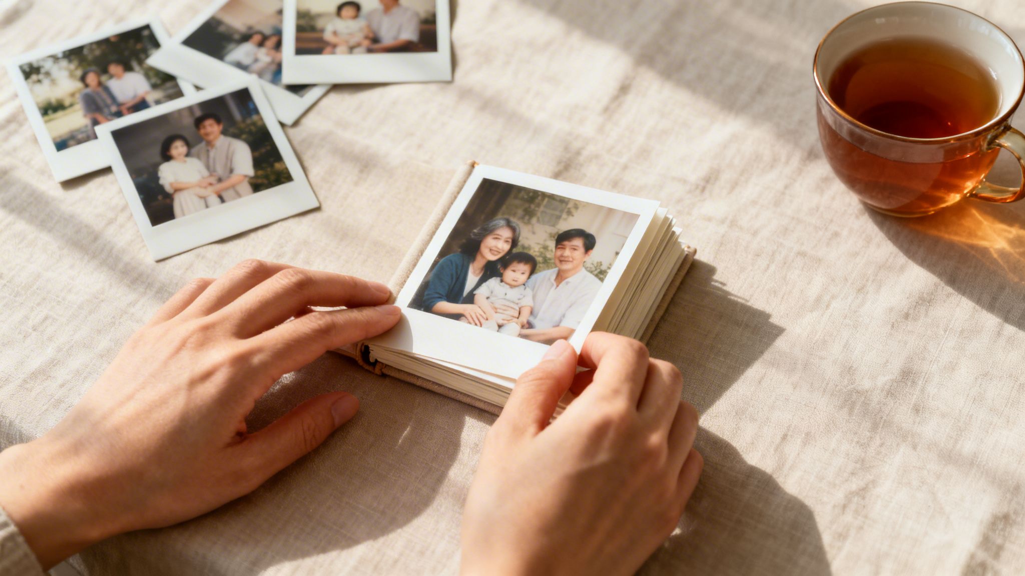 Hands holding a cherished family photo album, with old instant photos scattered and a cup of tea.