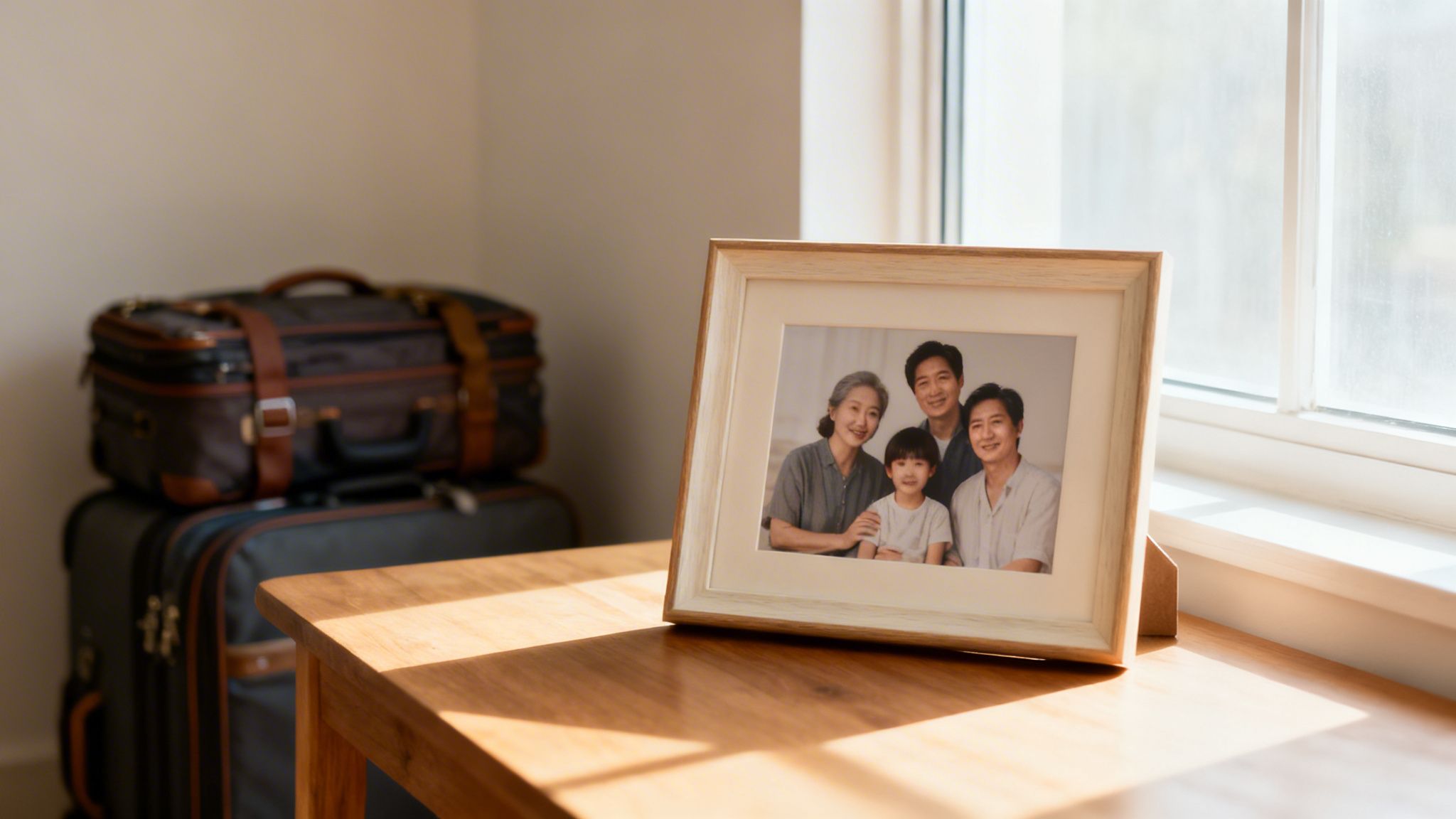 A framed photo of a happy Asian family on a wooden table, with suitcases and a window in the background.