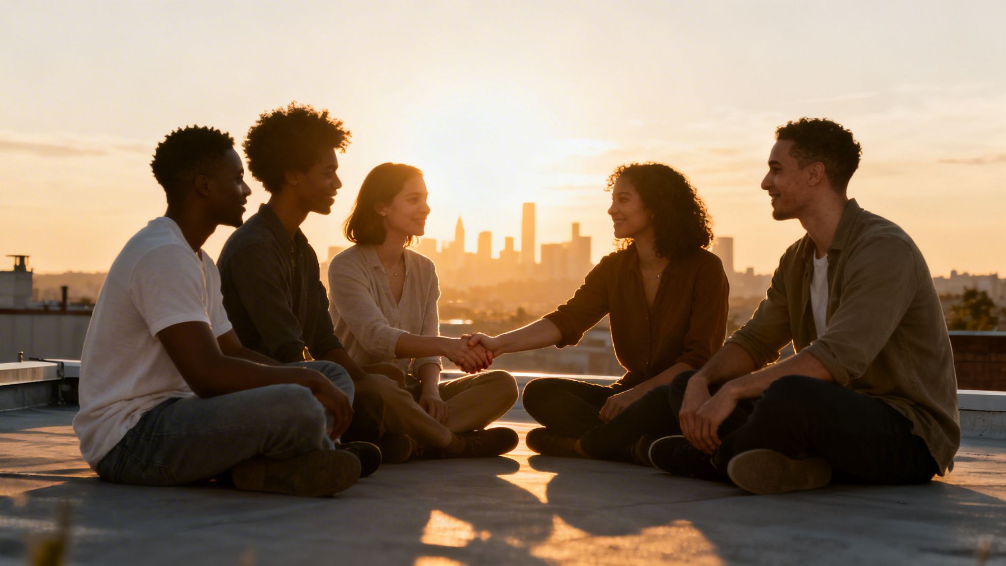 Diverse group of five friends shaking hands on a city rooftop at sunset with skyline.