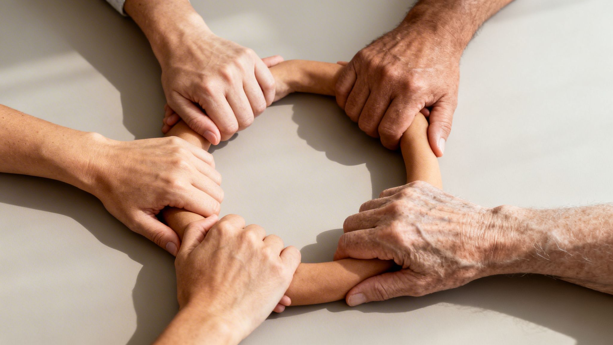 Four hands from different generations holding wrists in a circle, symbolizing family unity.