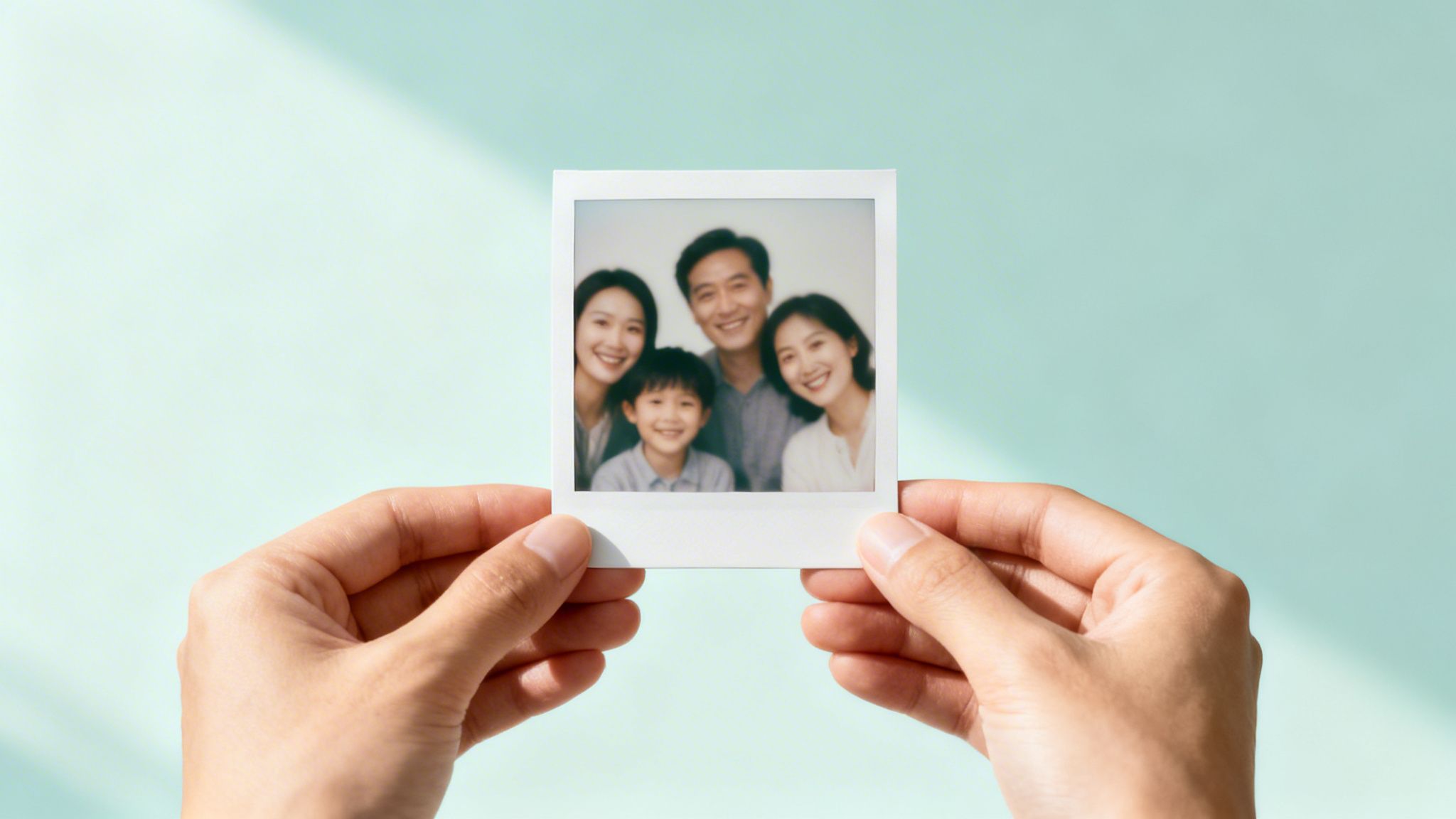 Two hands hold a blurred polaroid photo of a smiling Asian family against a blue-green background.