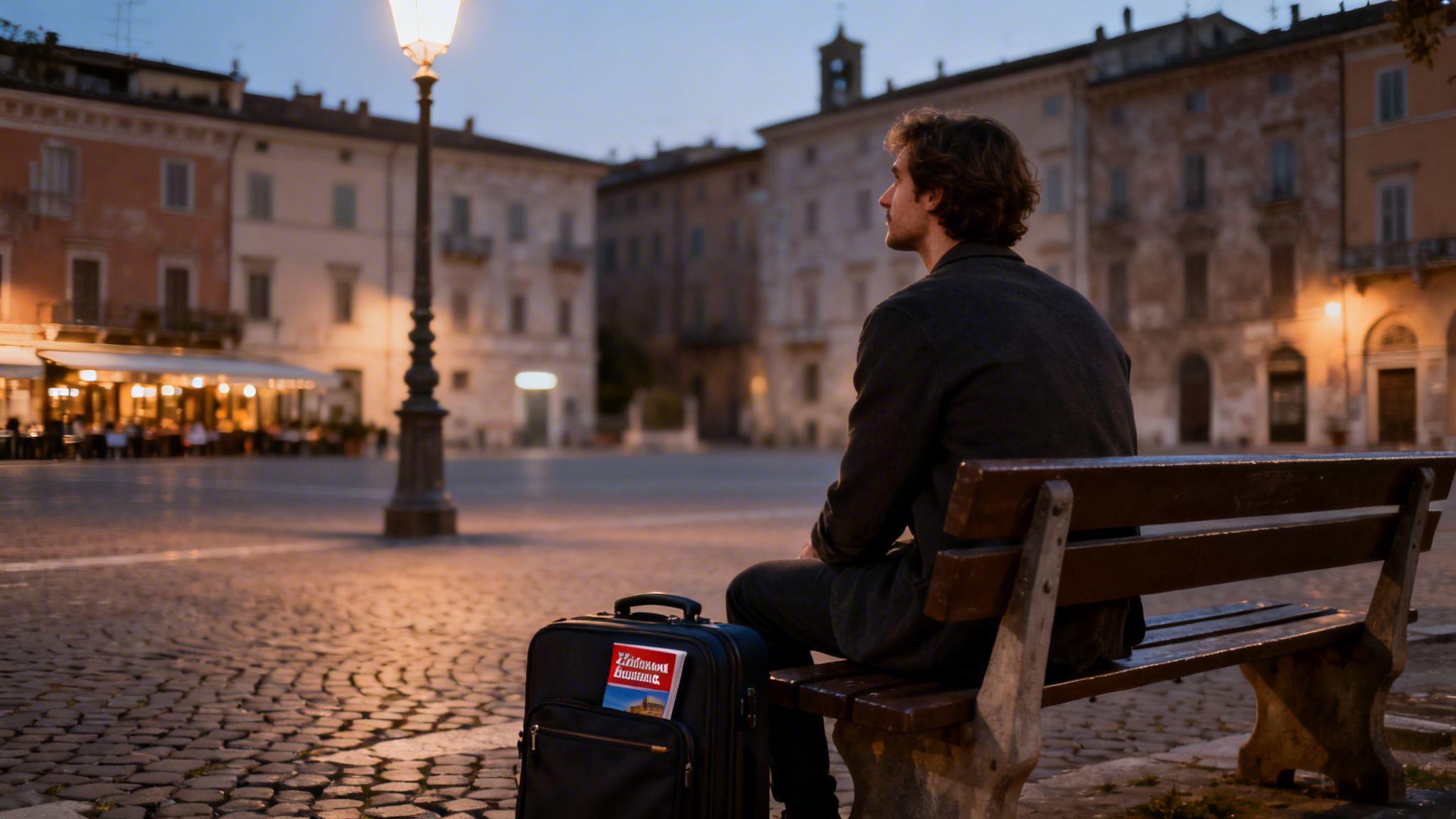 A man sits on a bench in an illuminated European piazza with his suitcase at dusk.
