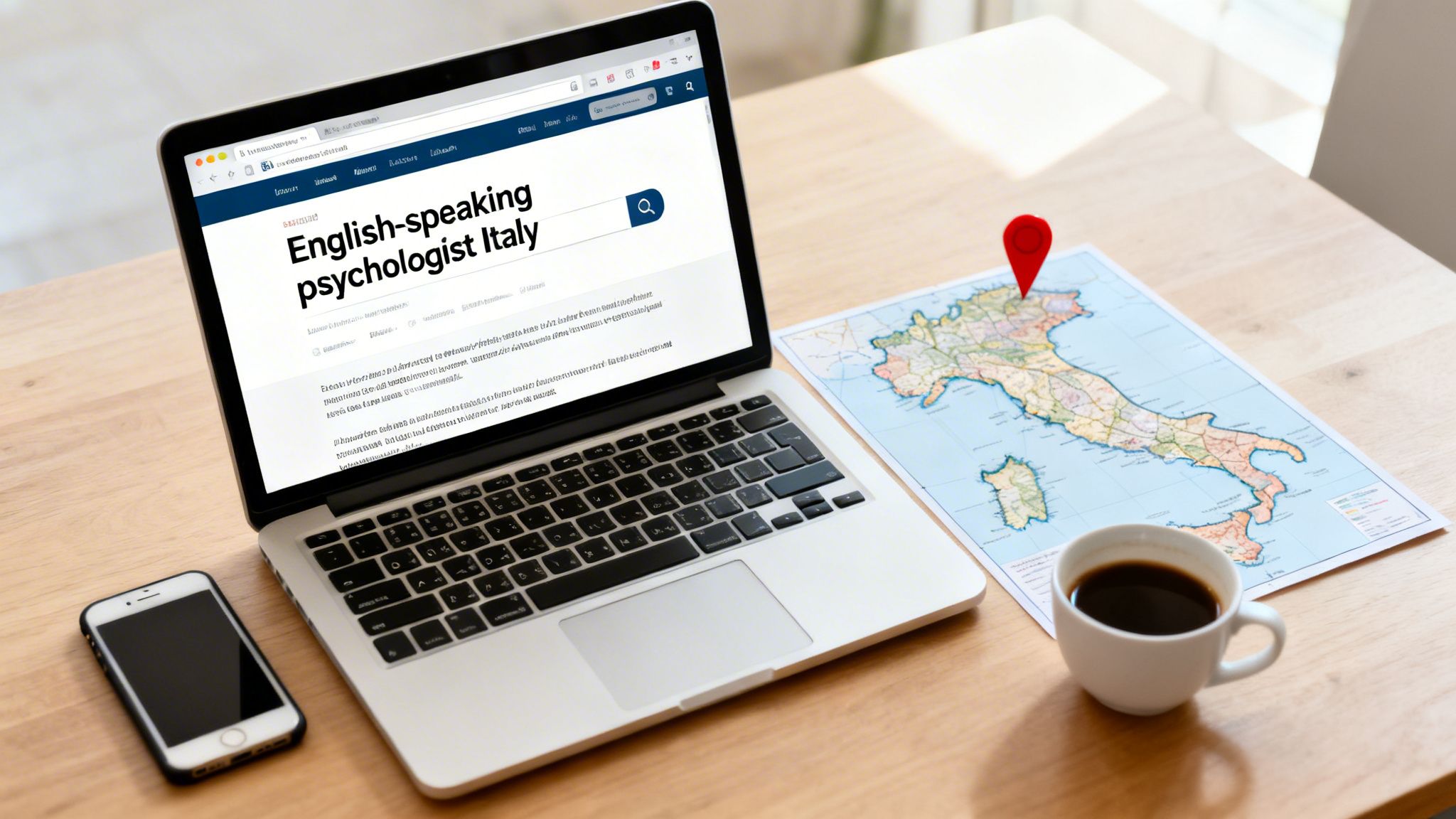 A laptop displays a search for an English-speaking psychologist in Italy, next to a map, phone, and coffee.