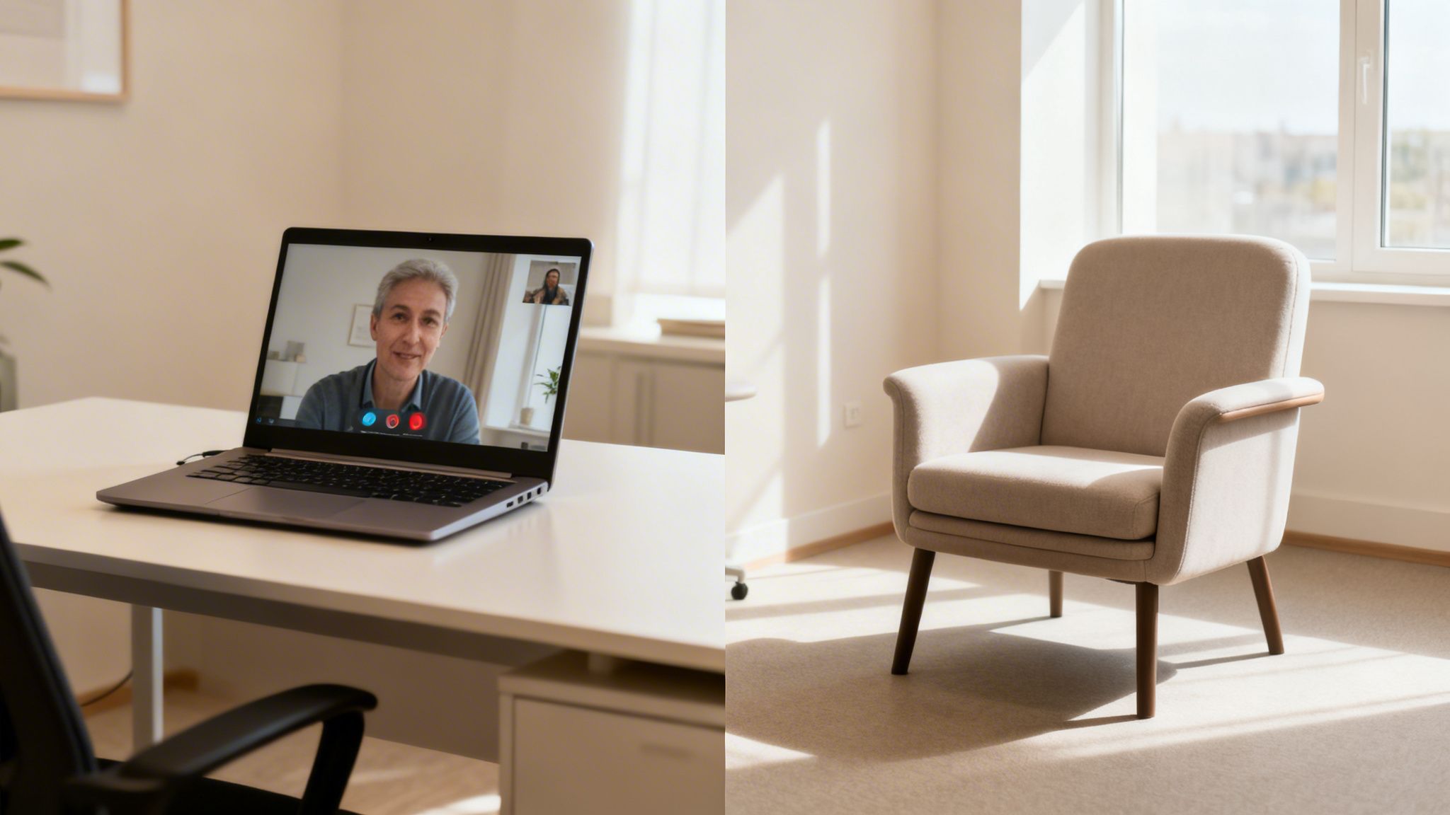 A split image showing a man in a video call on a laptop and a cozy armchair by a sunlit window.