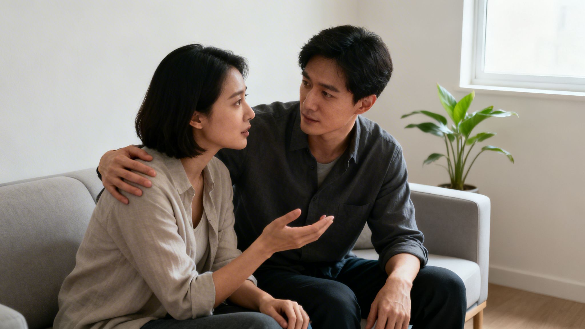 An Asian couple sits on a sofa, having a serious conversation, with the man's arm around the woman's shoulder.