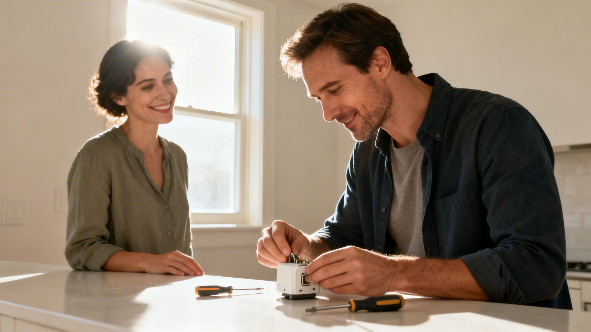A smiling couple in a bright home, the man assembling a smart device while the woman watches.