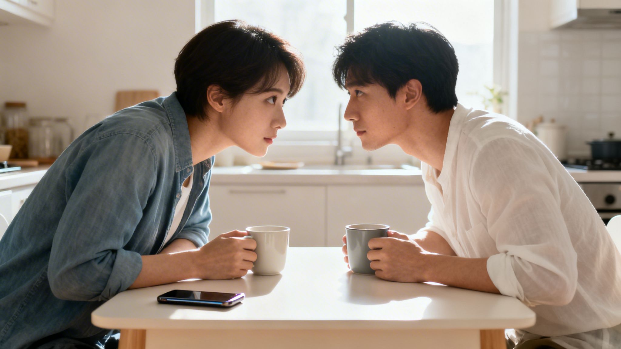 A young Asian couple gazes deeply into each other's eyes across a table with coffee mugs.