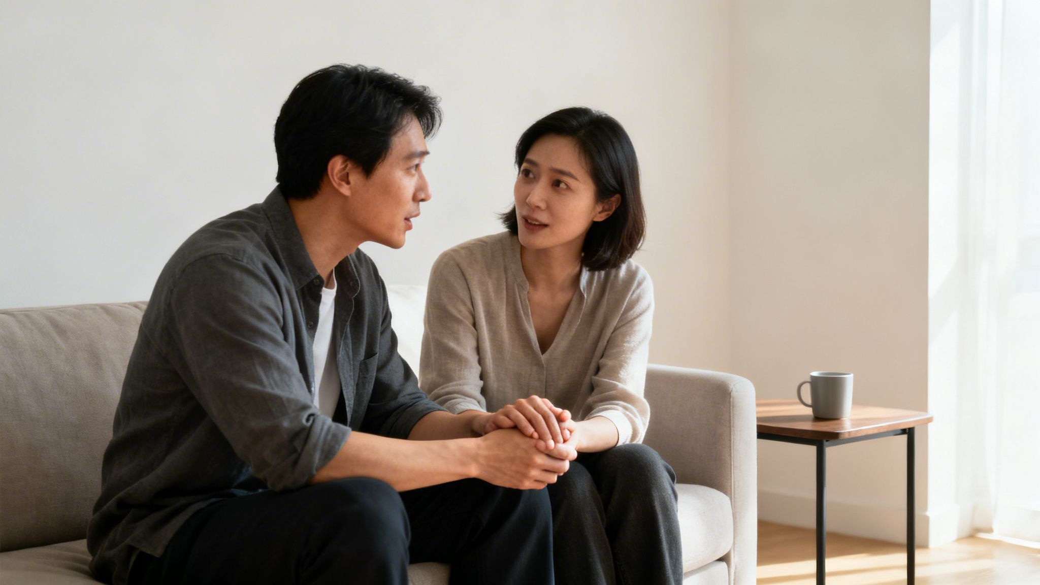 An Asian couple having a serious conversation on a sofa, holding each other's hands.