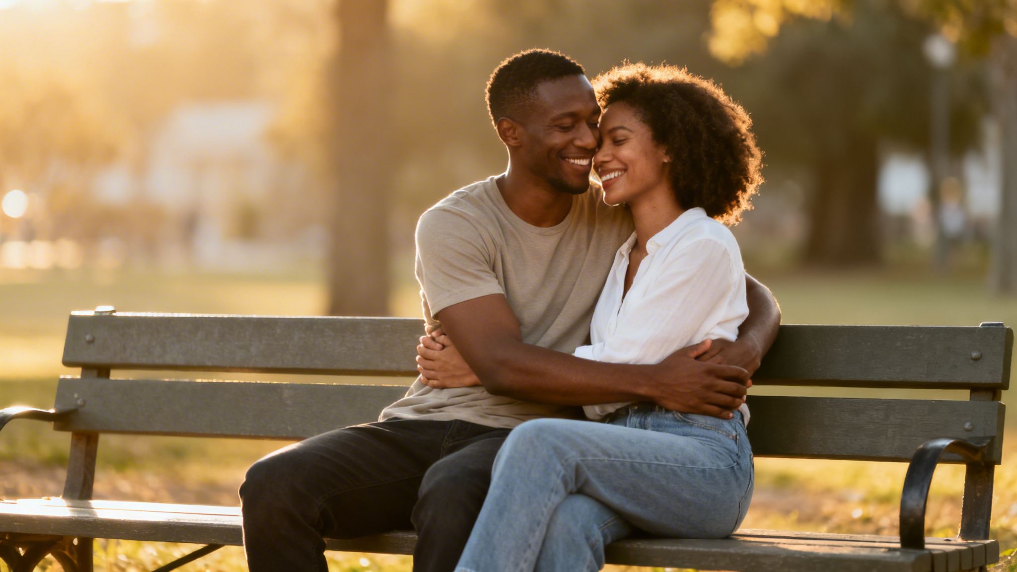 A happy Black couple embraces on a park bench at sunset, smiling lovingly.
