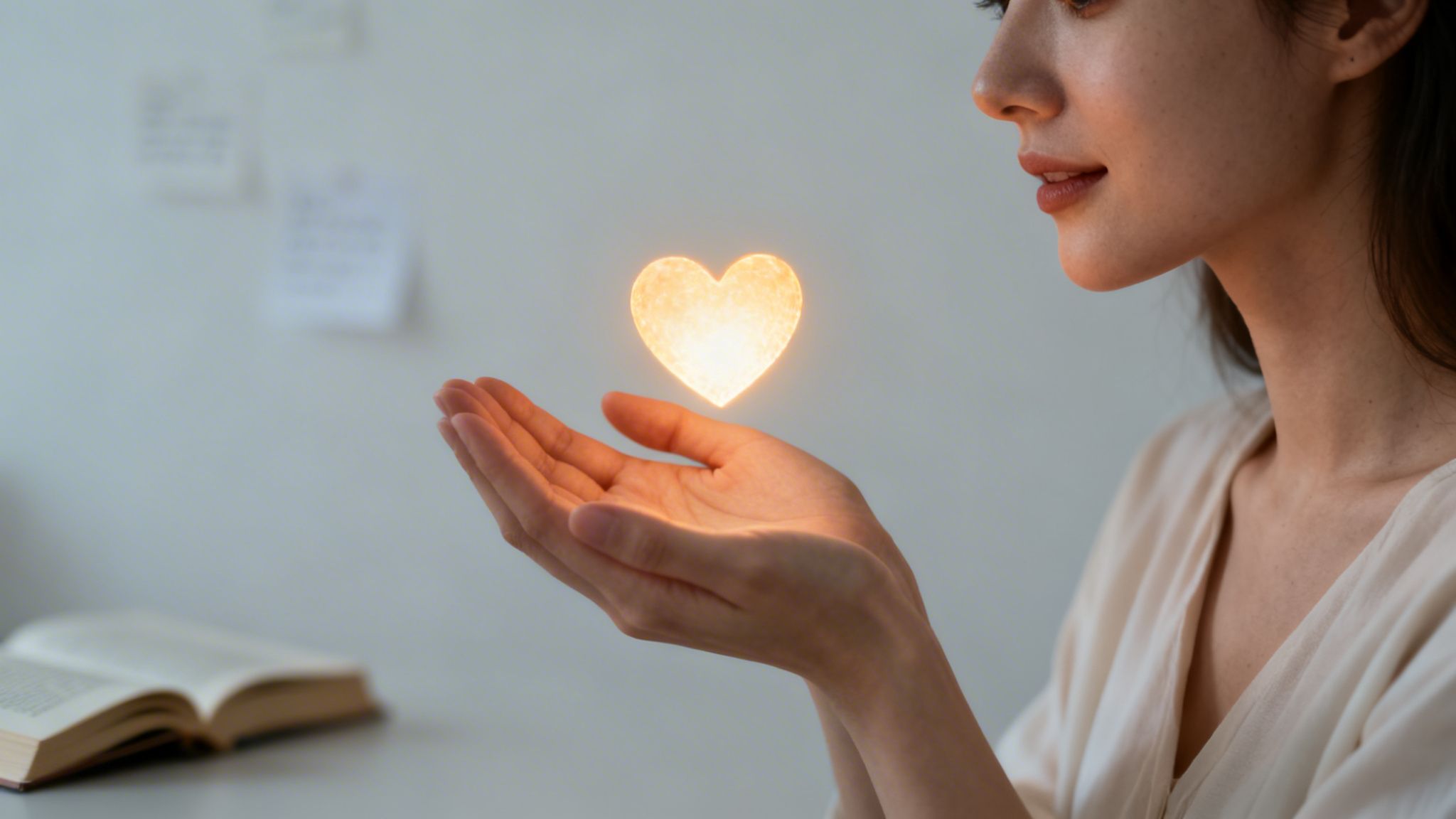 A woman holds a glowing, luminous heart in her cupped hands, symbolizing love and care.