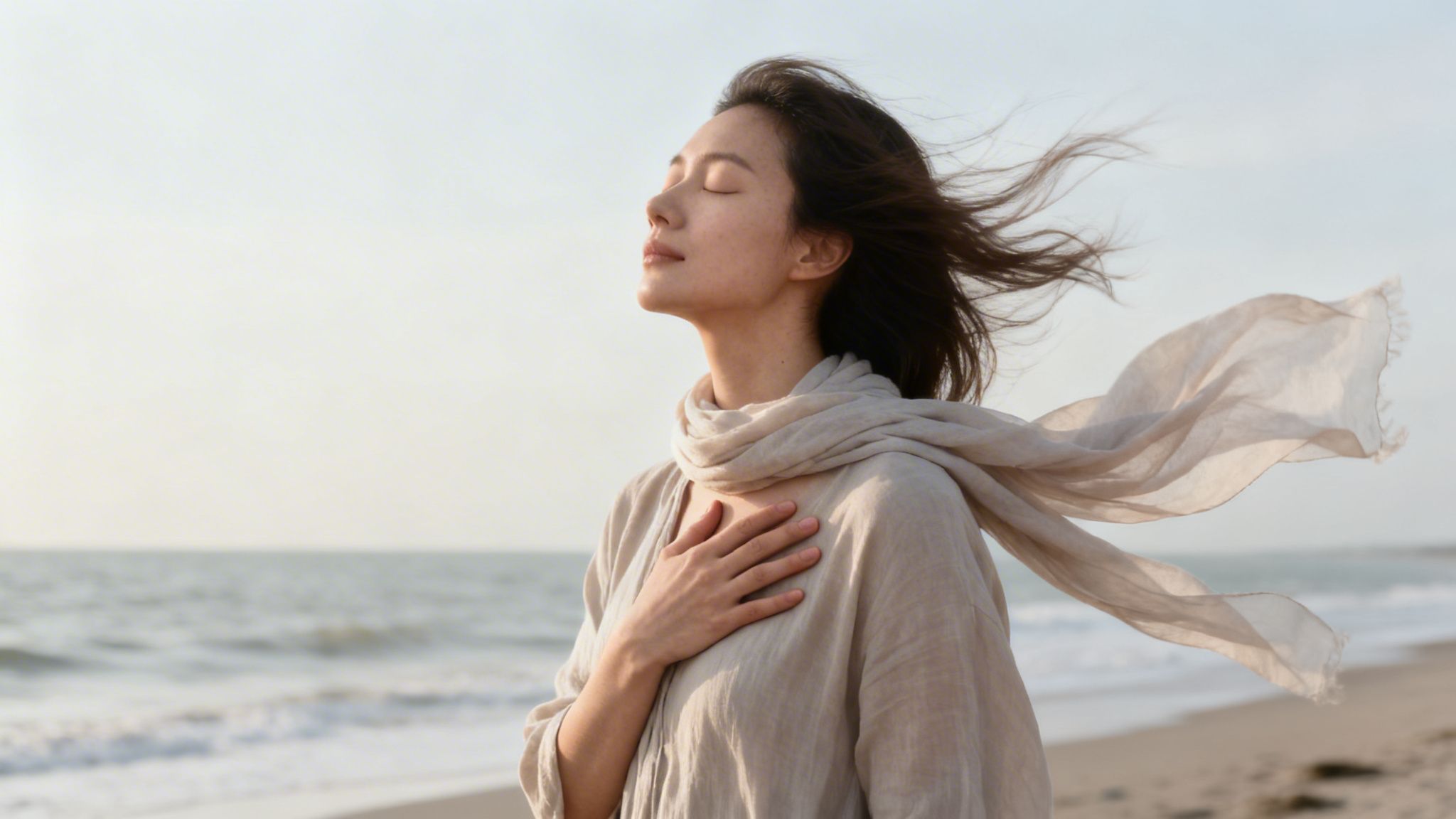 A serene woman with closed eyes and hand on chest, standing on a windy beach.