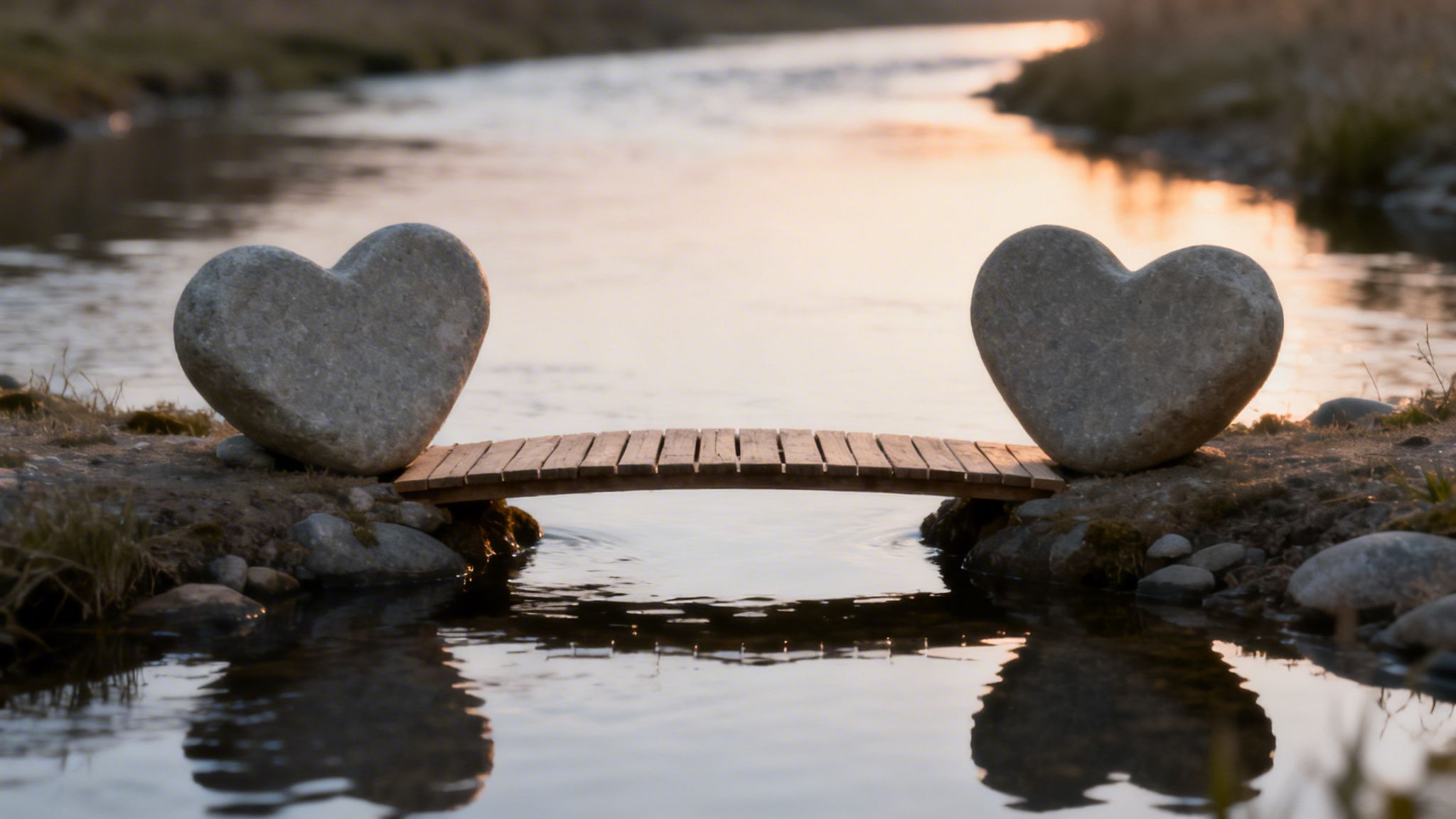 Two heart-shaped stones connected by a small wooden bridge over a peaceful stream at sunset, symbolizing connection and love.