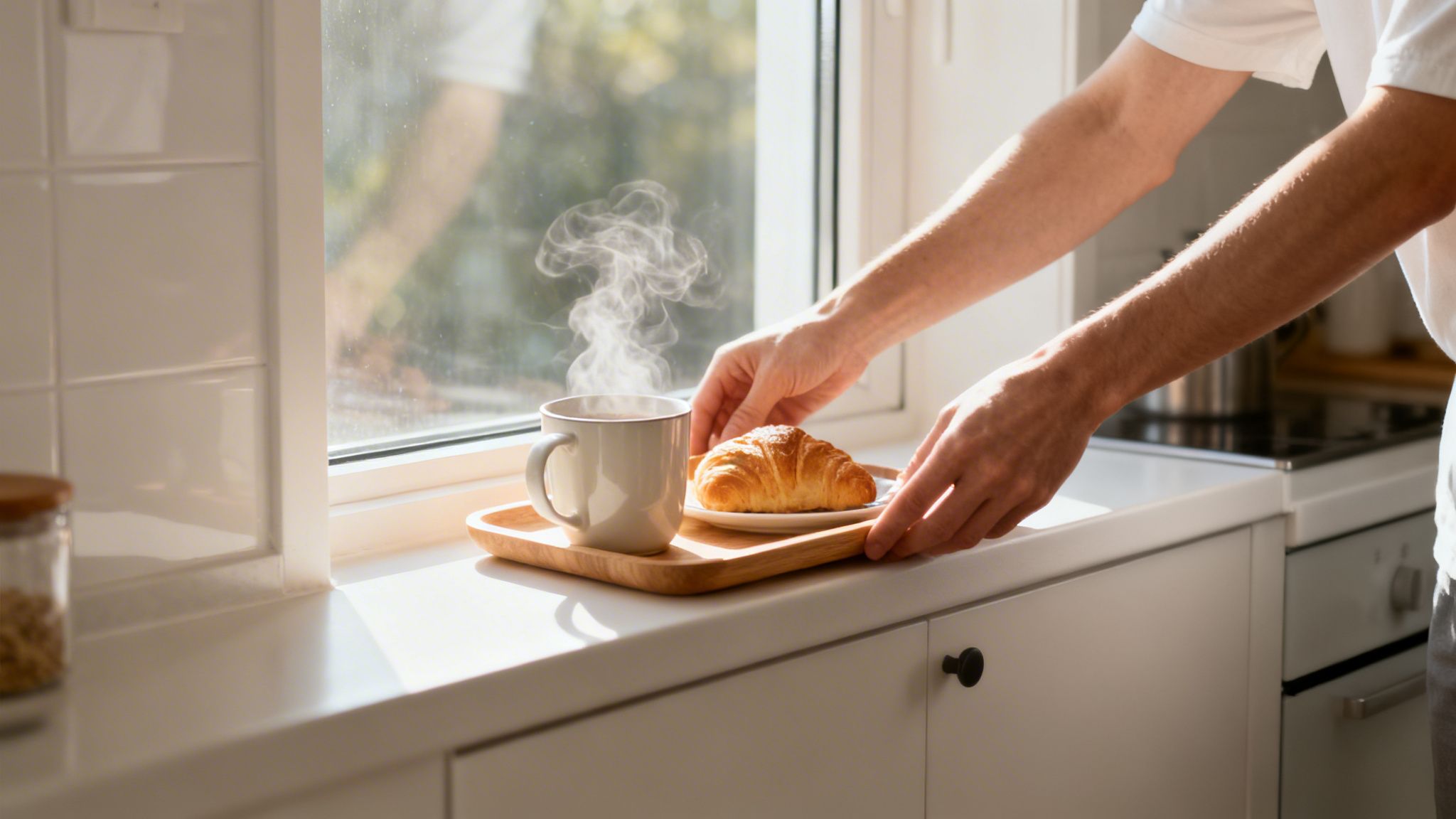 Hands placing a wooden tray with a steaming mug and a croissant on a sunlit kitchen counter.