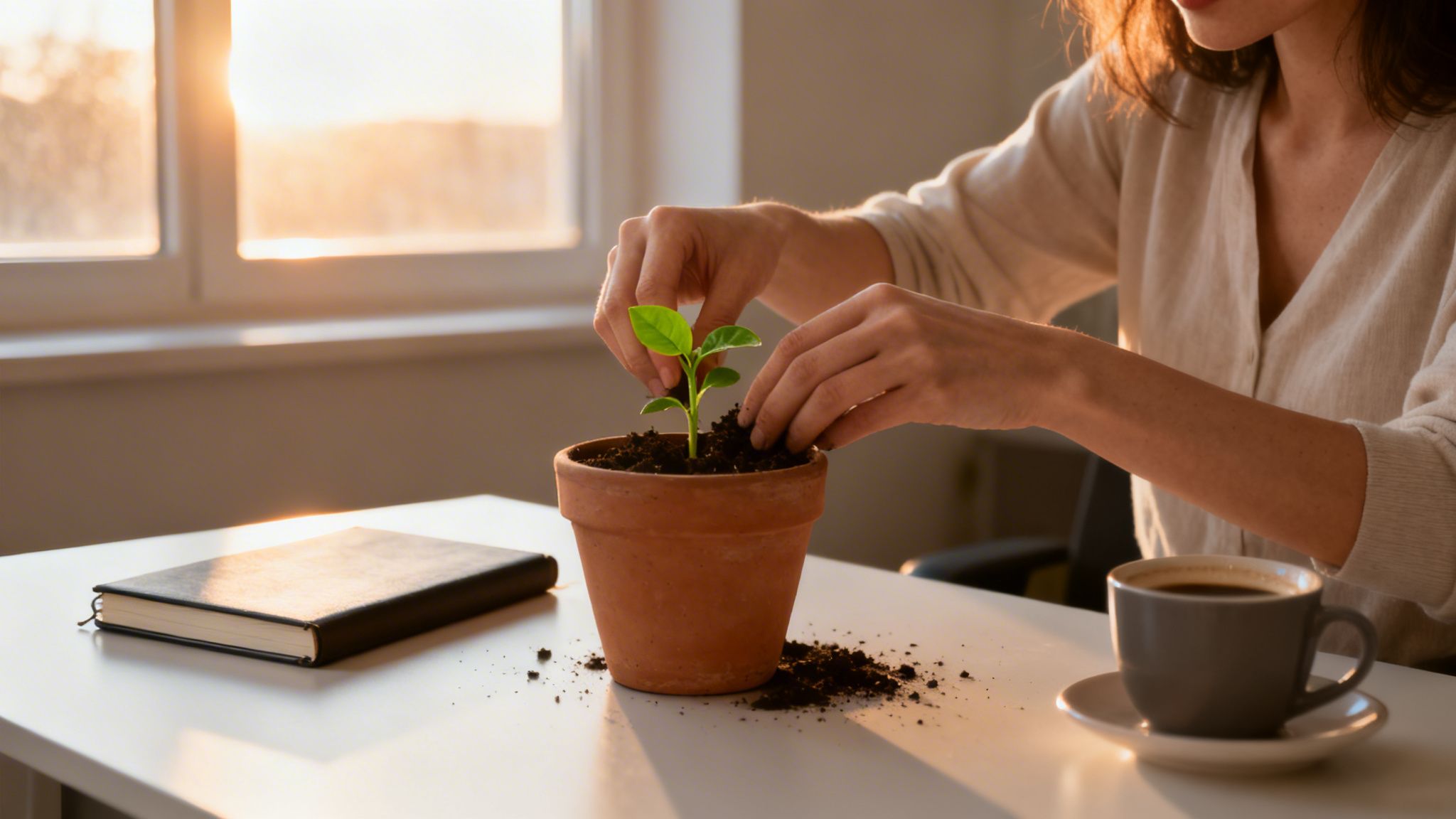 Close-up of a person's hands gently planting a small green seedling into a terracotta pot with soil.