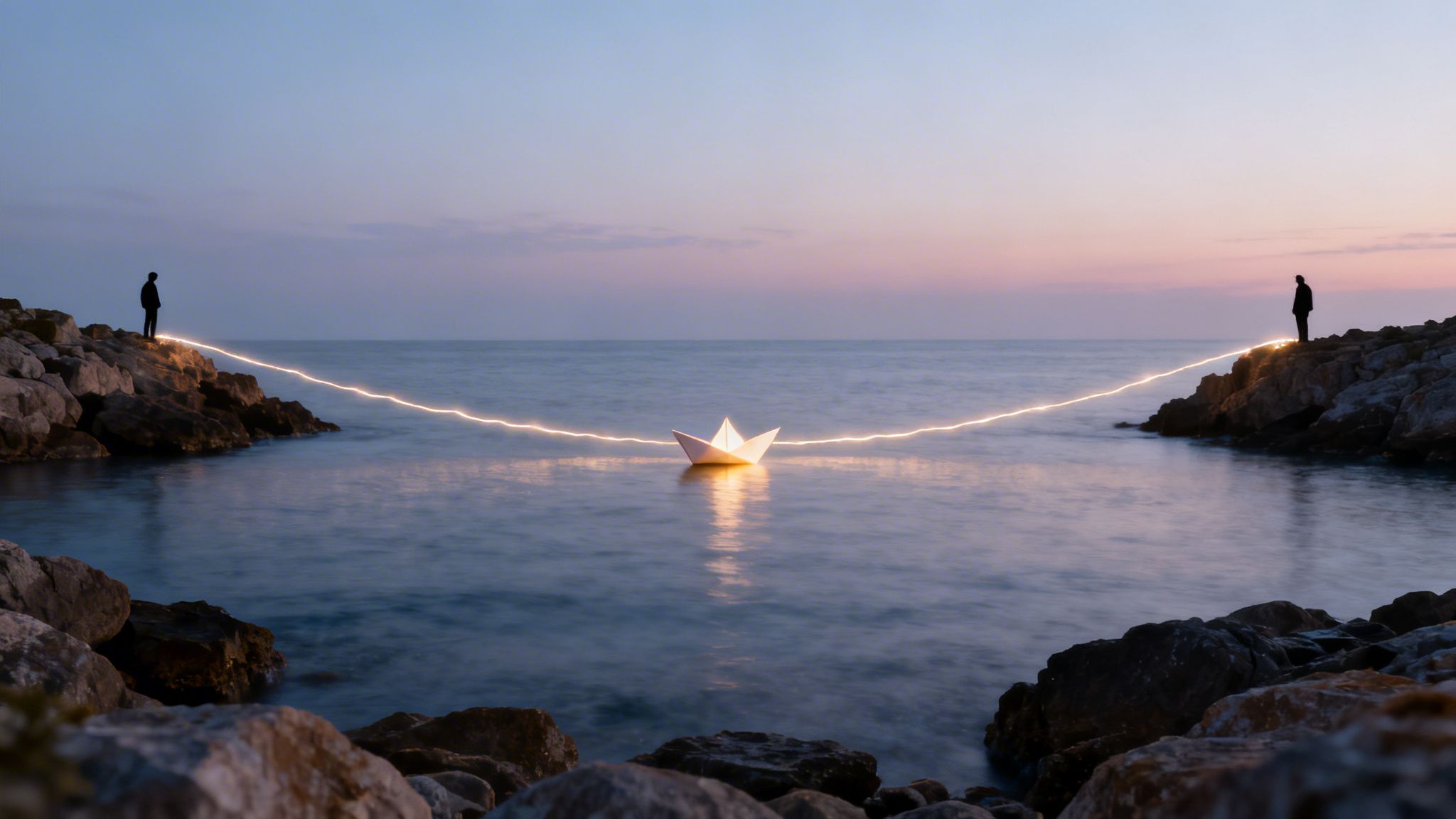 Two silhouettes on rocky shores are connected by a glowing line to a bright paper boat on calm twilight waters.