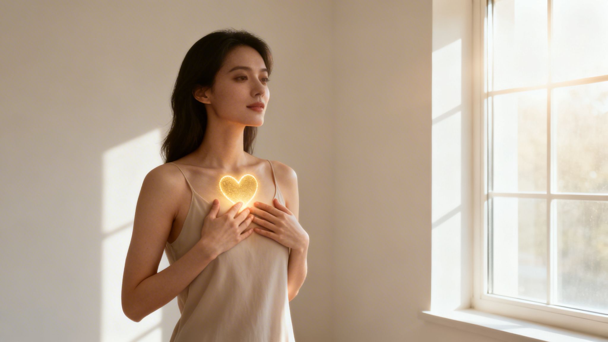 Young woman with a glowing heart on her chest, reflecting warmth and self-love near a sunny window.
