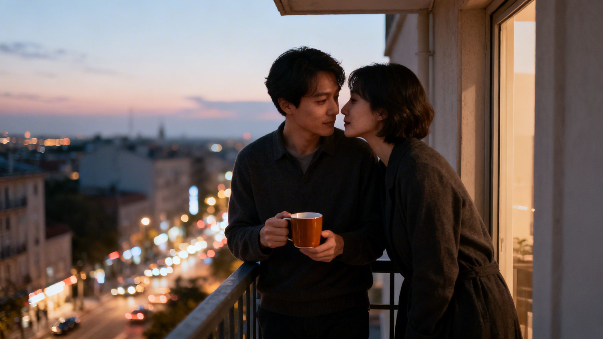 A couple on a balcony at dusk, sharing a tender moment with city lights below.