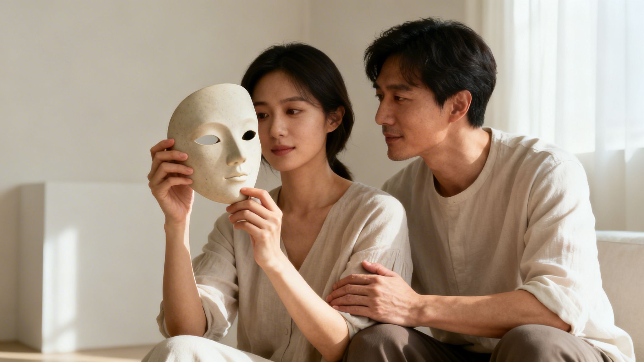 A woman holds a plain mask while a man watches her, symbolizing hidden emotions.