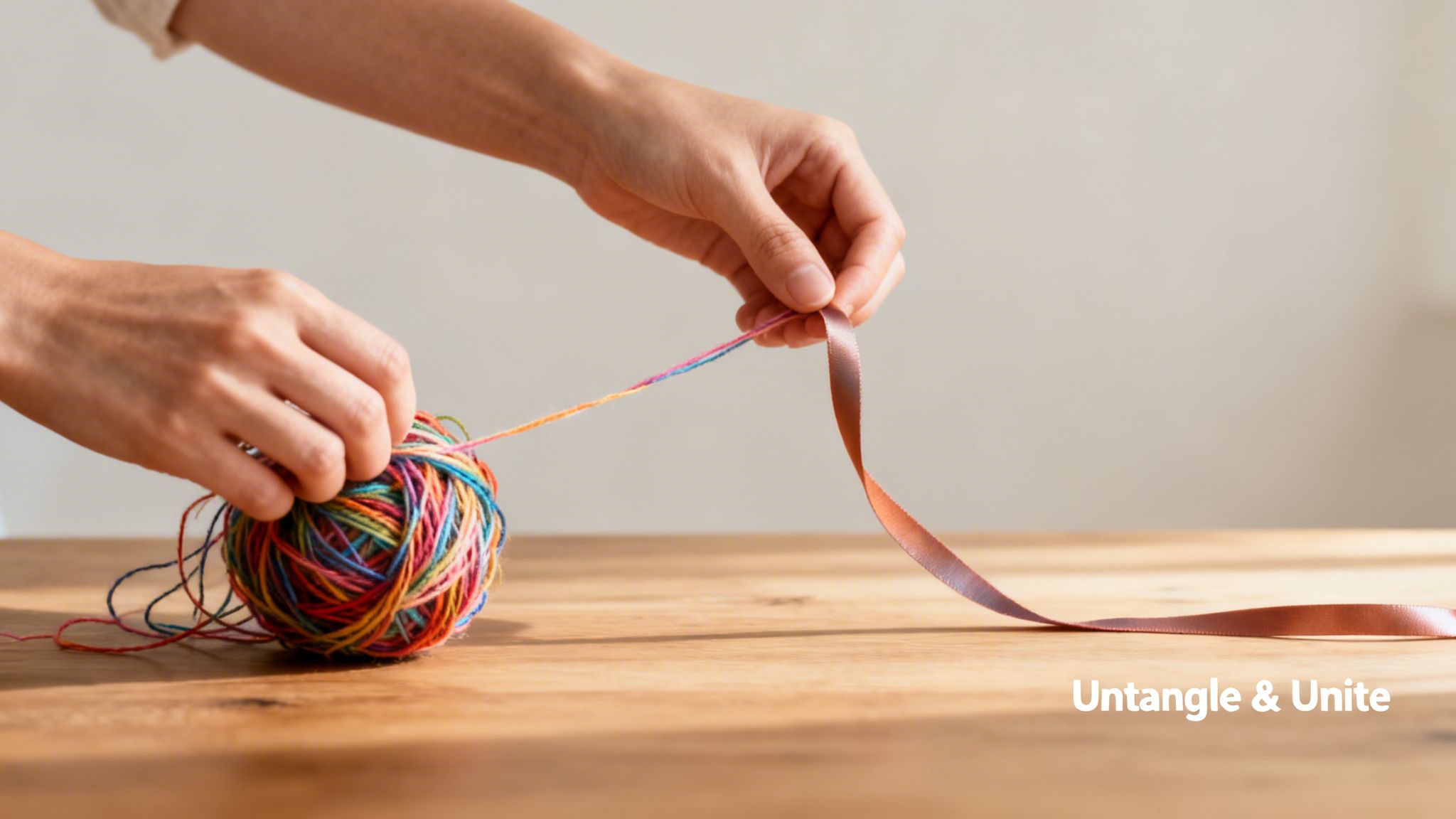 Two hands gently hold a colourful yarn ball and a brown satin ribbon on a light wooden surface.