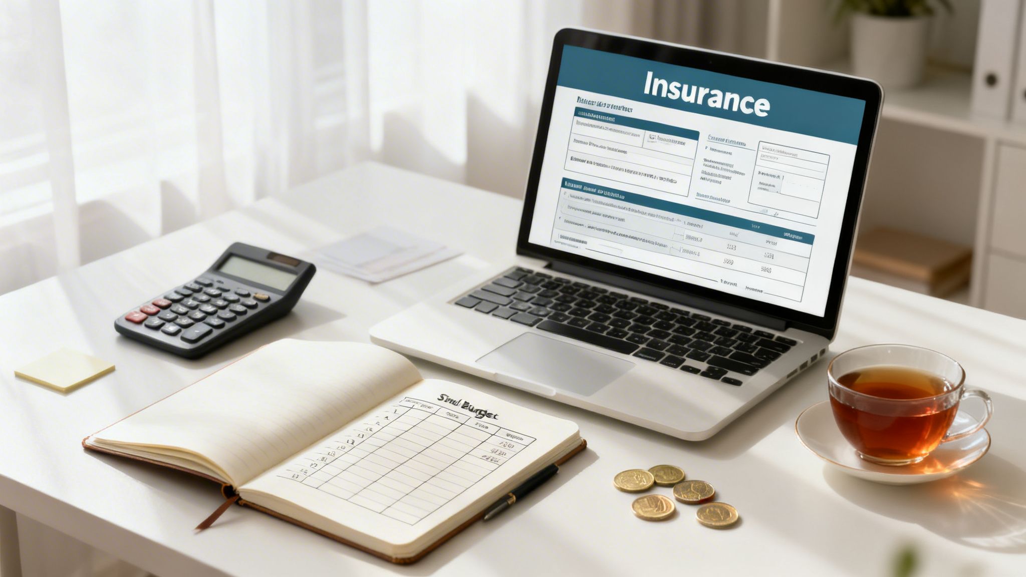 A well-lit desk with a laptop showing an insurance form, a calculator, an open budget notebook, coins, and a cup of tea.
