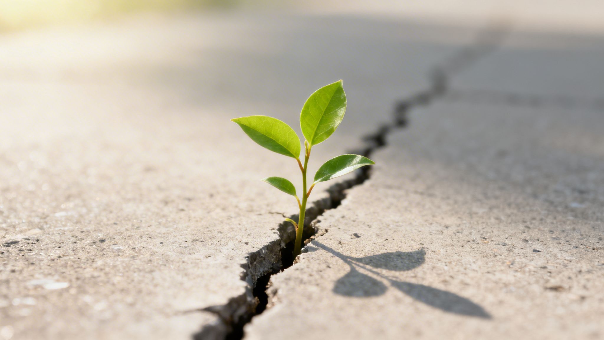 A vibrant green sprout emerges from a concrete crack, showcasing life's resilience and growth.