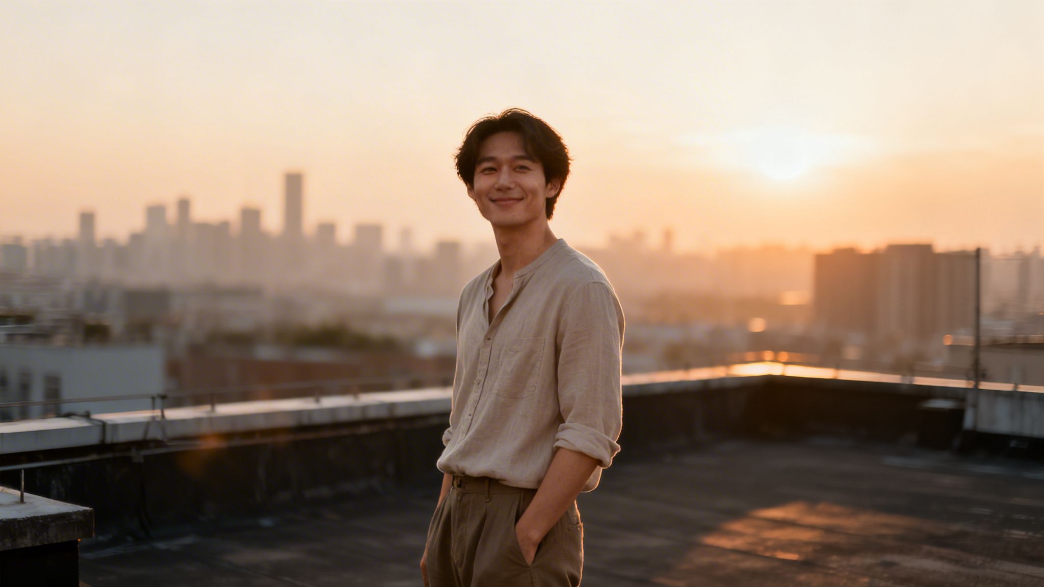 A smiling East Asian man on a rooftop at sunset with a blurred city skyline.
