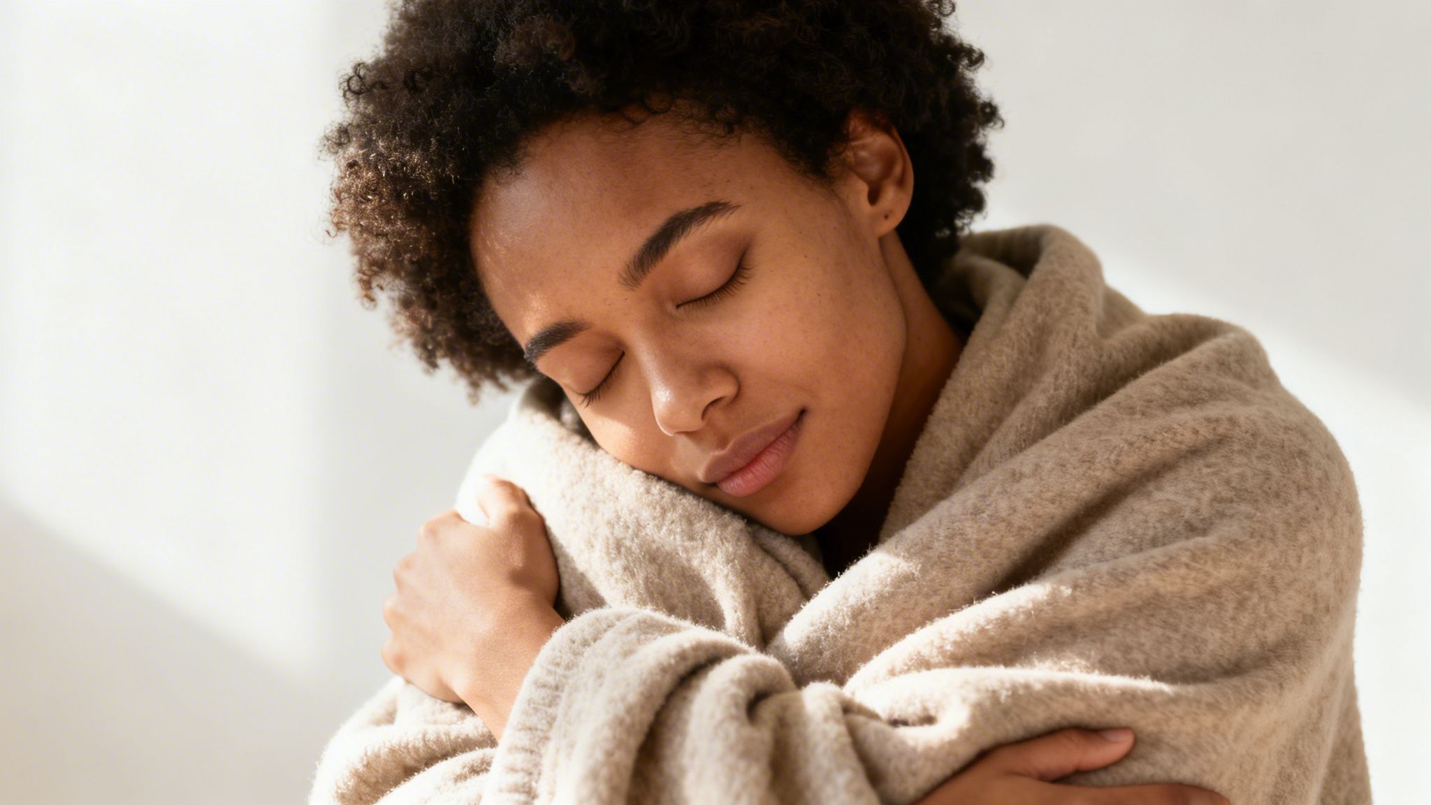 A peaceful woman with curly hair wrapped in a cozy blanket, hugging herself with closed eyes.