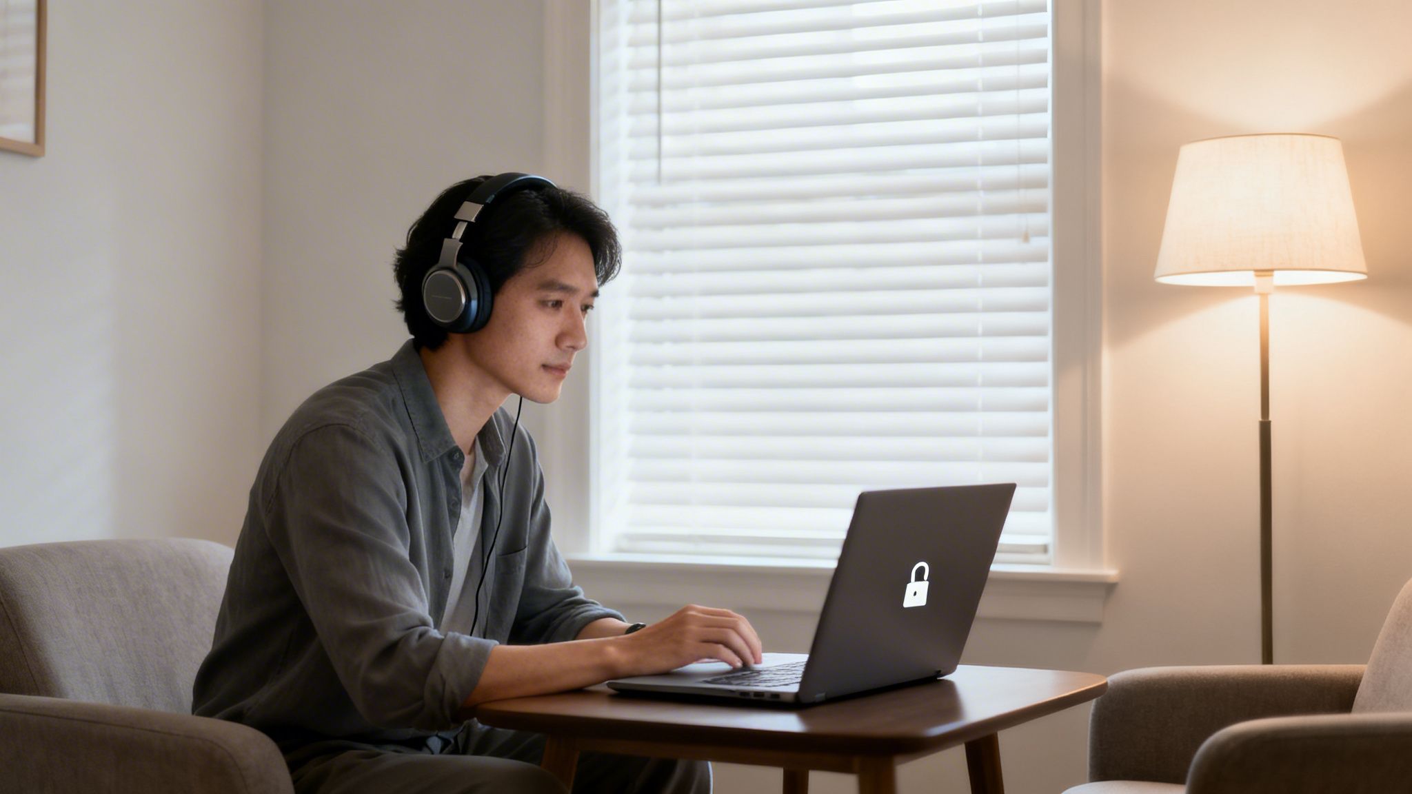 A man wearing headphones works on a laptop with a padlock icon, emphasizing online security.