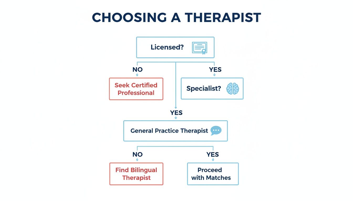 Flowchart illustrating steps to choose a therapist, covering licensing, specialization, and language requirements.