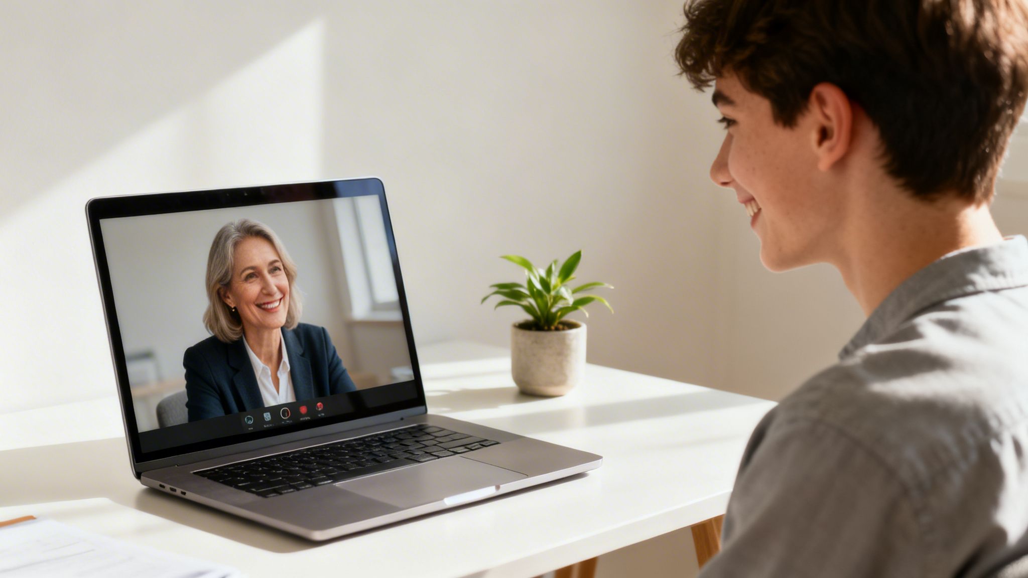 A young man smiles while engaged in an online psychotherapy video call with an older woman.