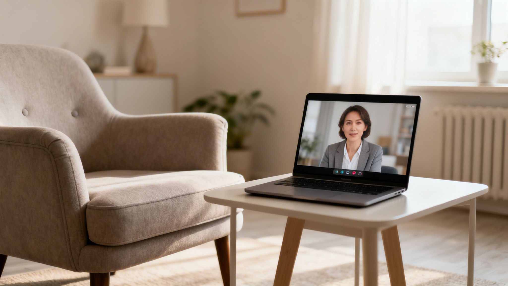 A laptop on a table displays a woman on a video call, suggesting an online therapy session in a living room.