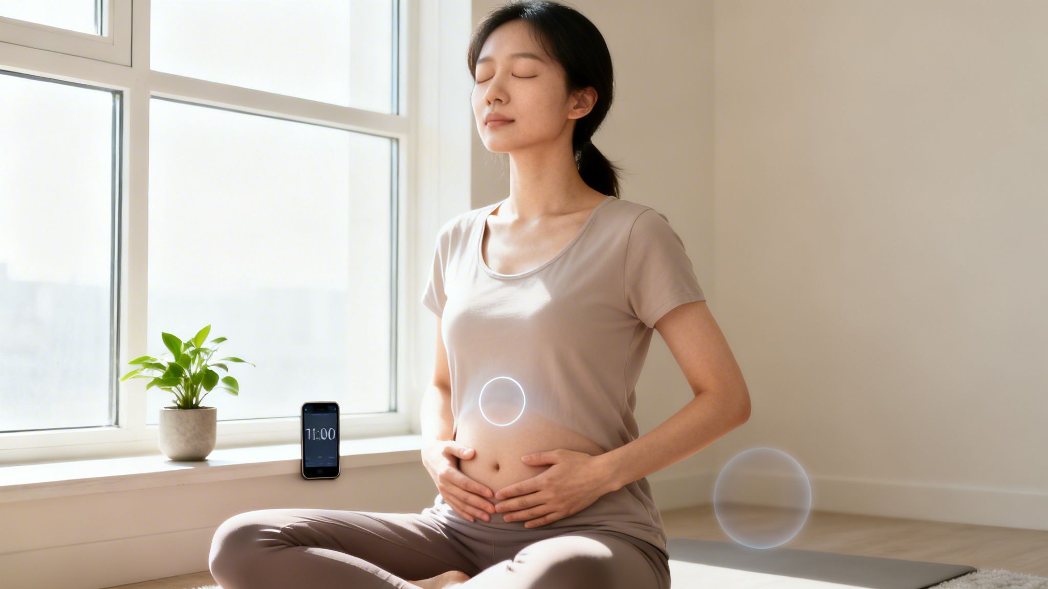 A serene woman practices meditation, hands on her belly, in a sunlit room.