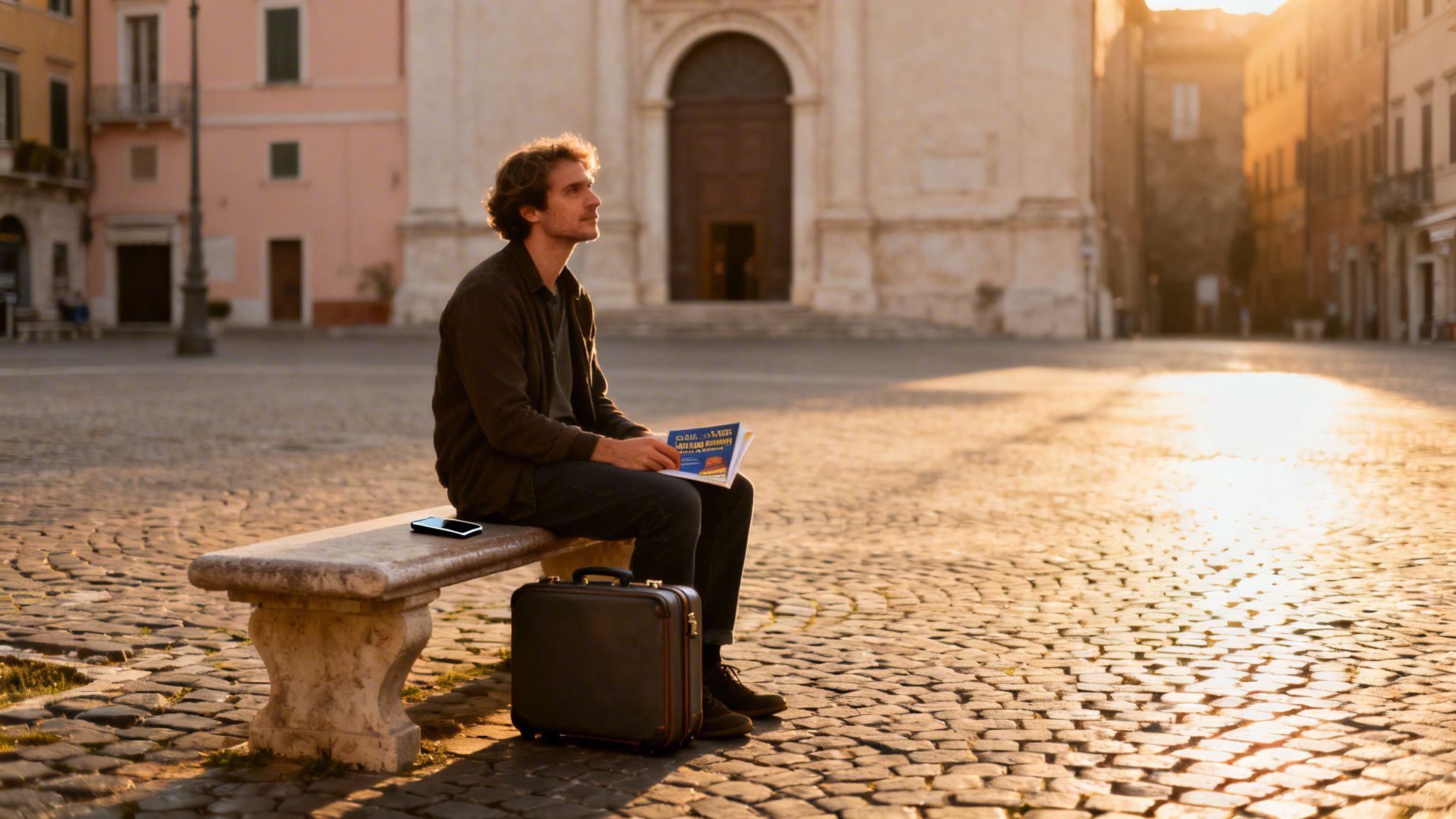 A man sits on a stone bench in a European cobblestone square during a golden sunset, holding a book.