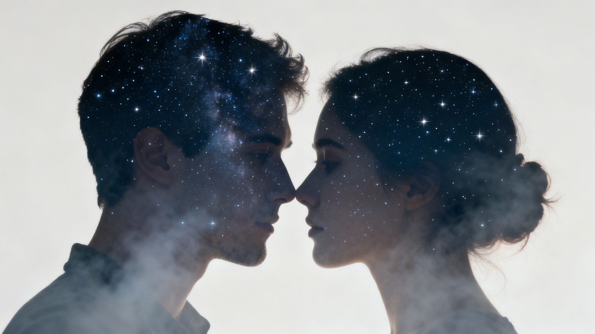 Double exposure of a man and woman facing each other, their silhouettes filled with a starry night sky.