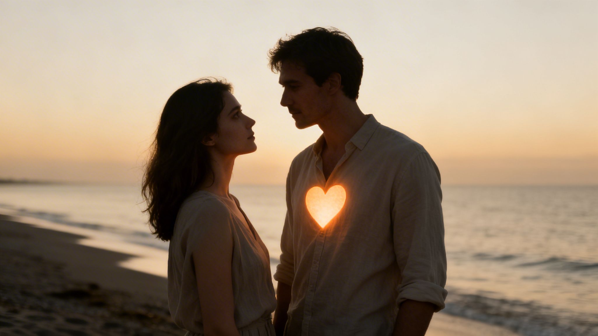 A man and woman gaze lovingly at each other on a beach at sunset, a glowing heart on his chest.