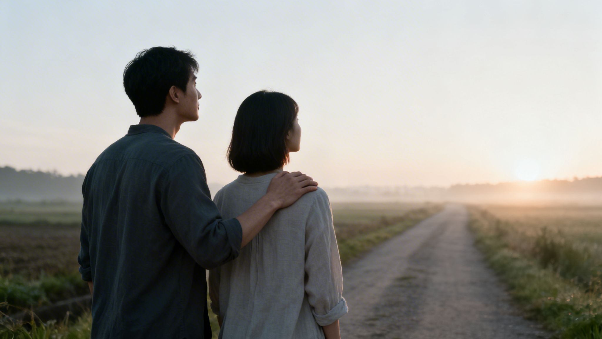 A couple stands together, looking at a sunrise over a misty field with a dirt road.