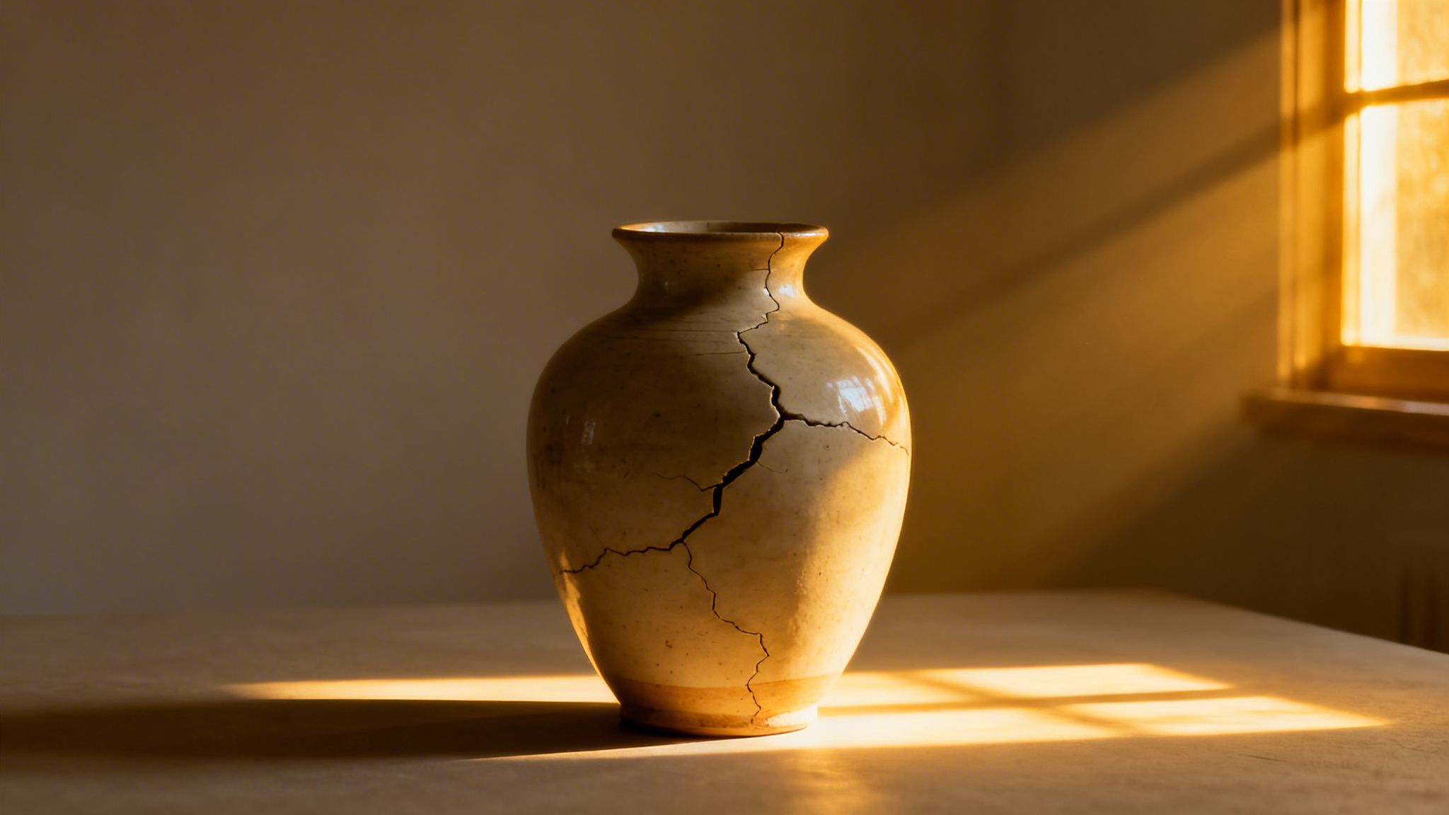 A cracked beige ceramic vase stands on a table, illuminated by warm sunlight from a window.