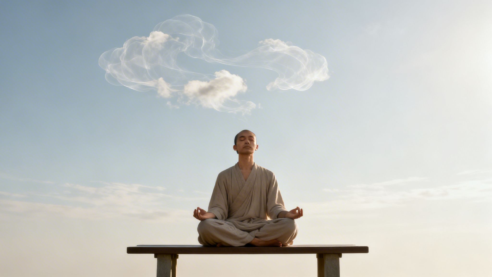 A person meditating in lotus position on a bench under a clear sky with an ethereal cloud.