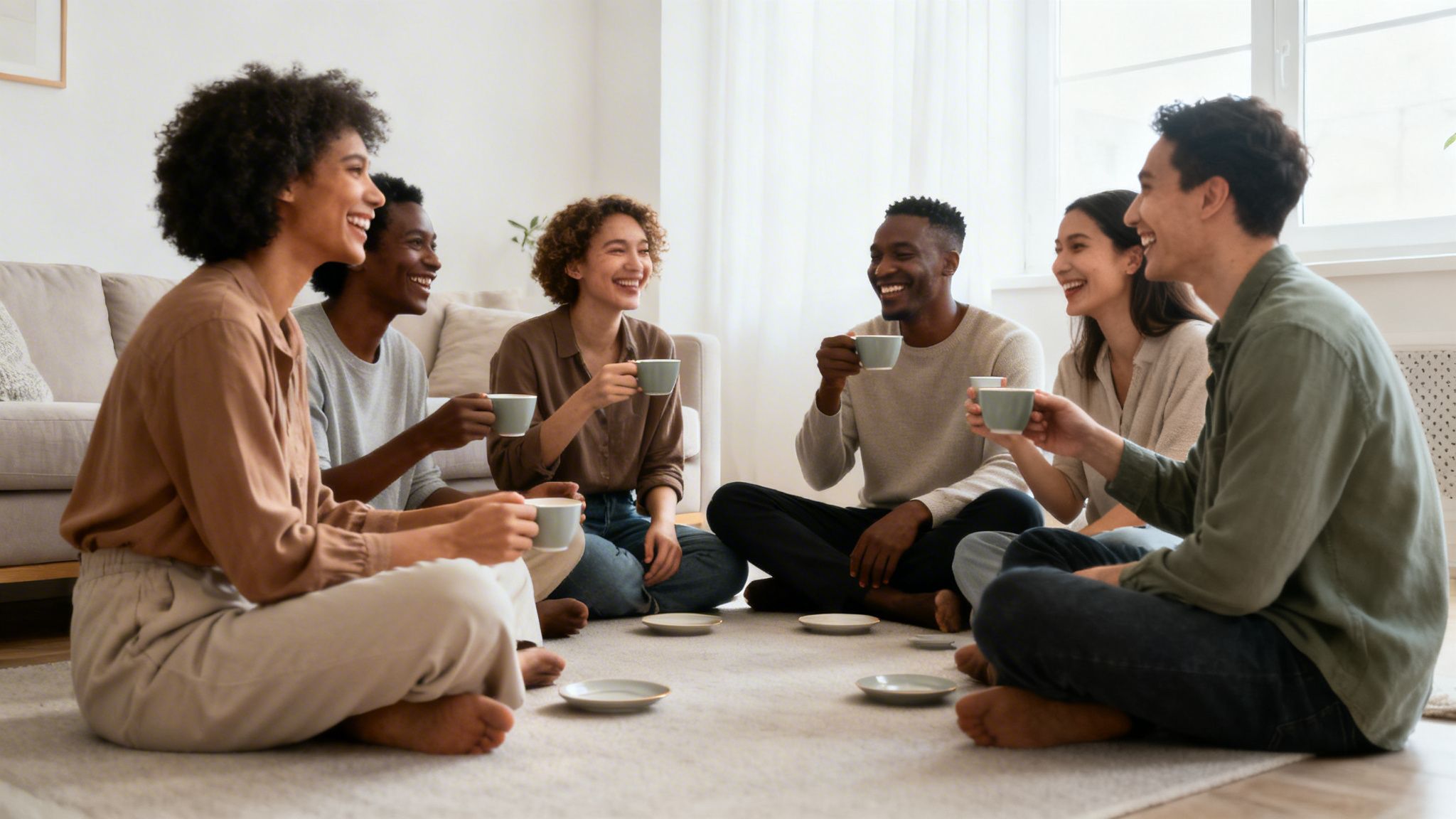 Six smiling diverse friends sitting on the floor, enjoying coffee and conversation.