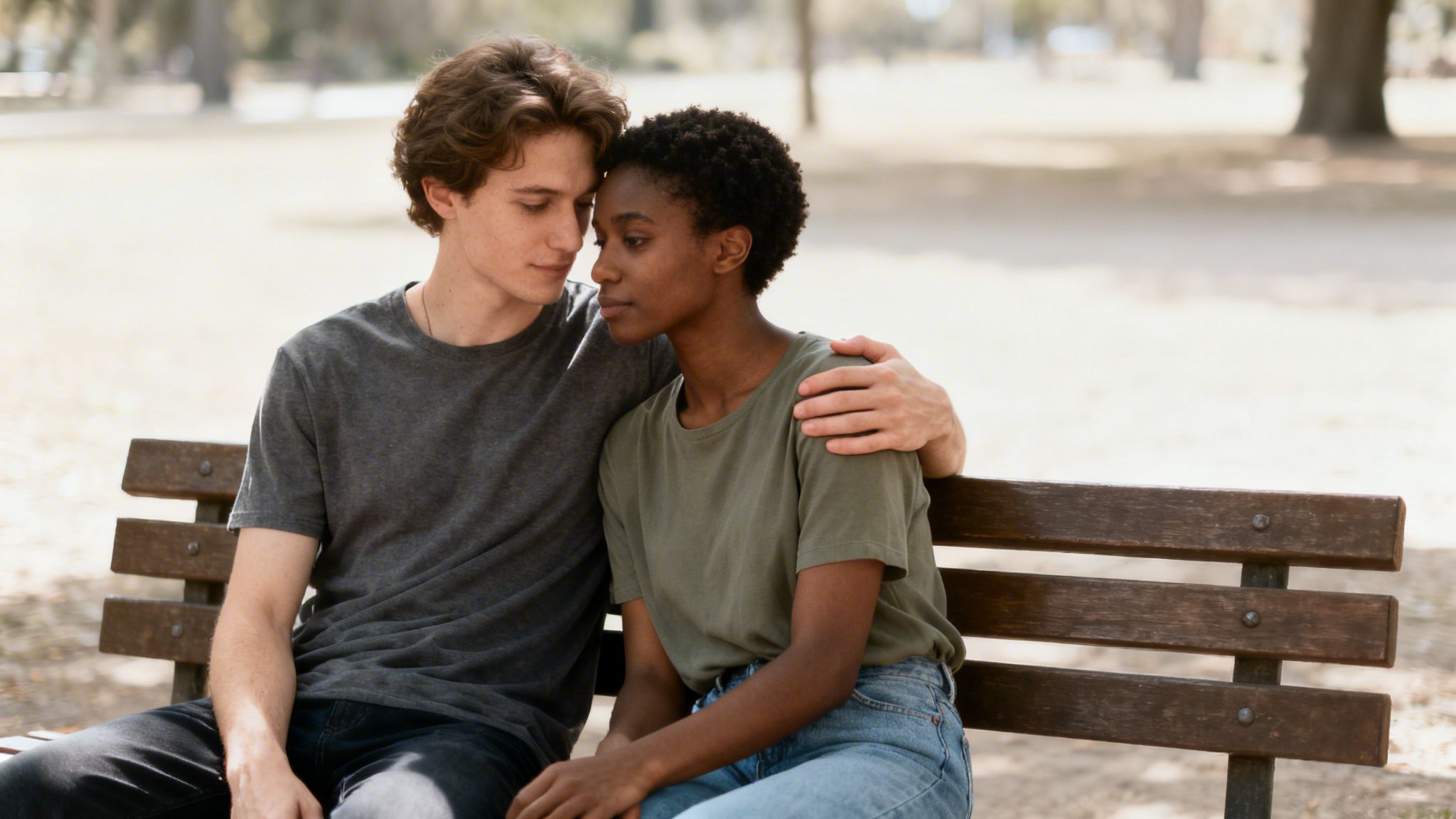 A young, diverse couple shares a tender moment on a park bench, heads touching.