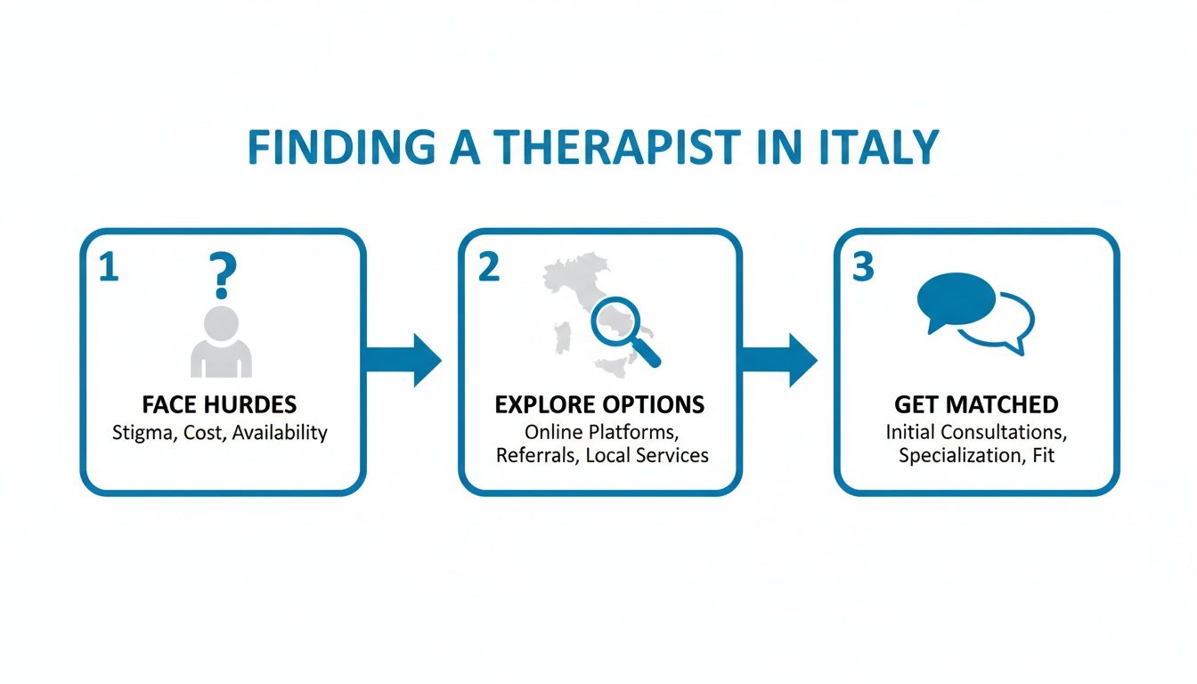 Infographic outlining three steps for finding a therapist in Italy: face hurdles, explore options, get matched.