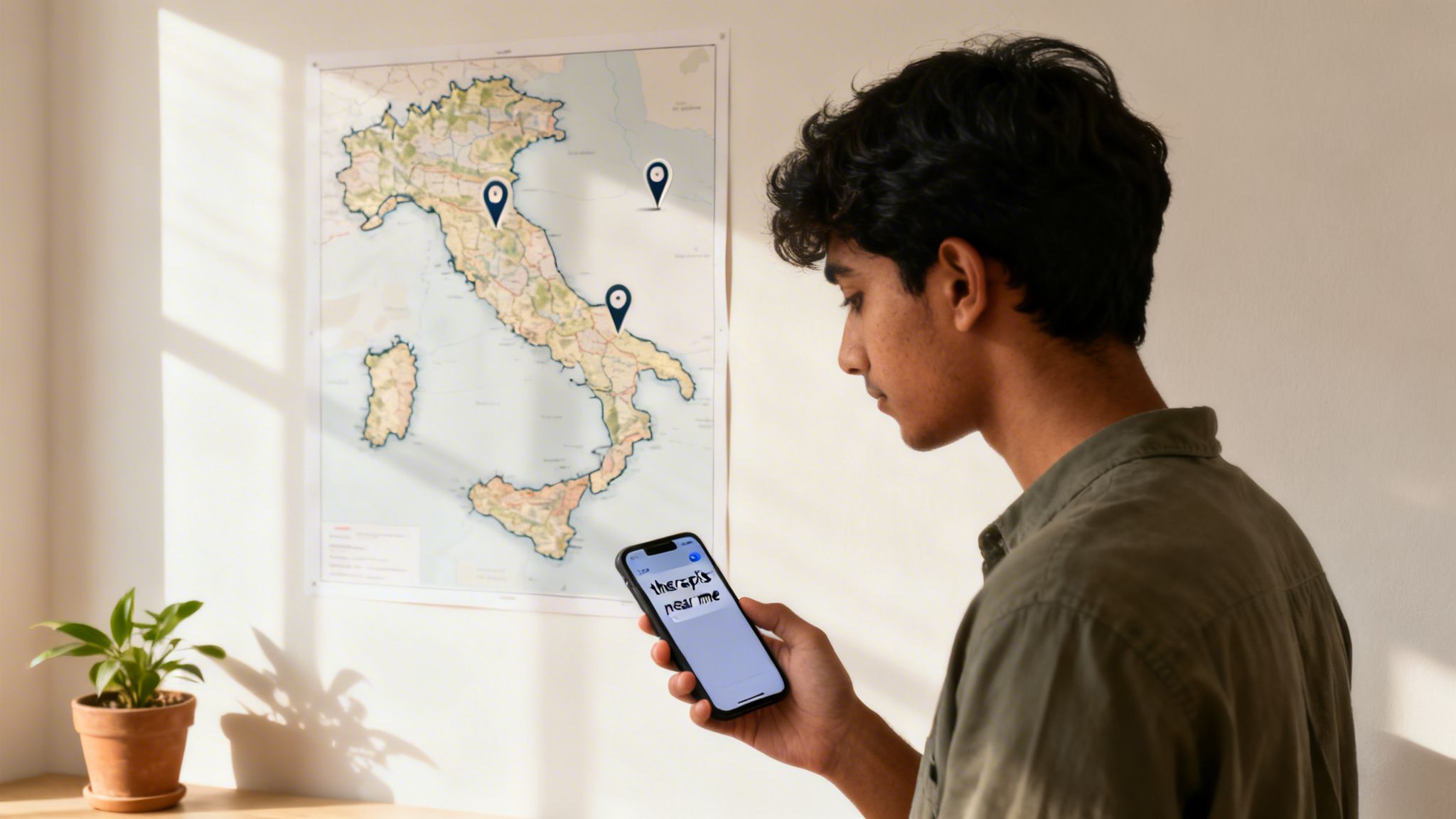 A young man searches "therapist near me" on his phone, facing a map of Italy with location pins.