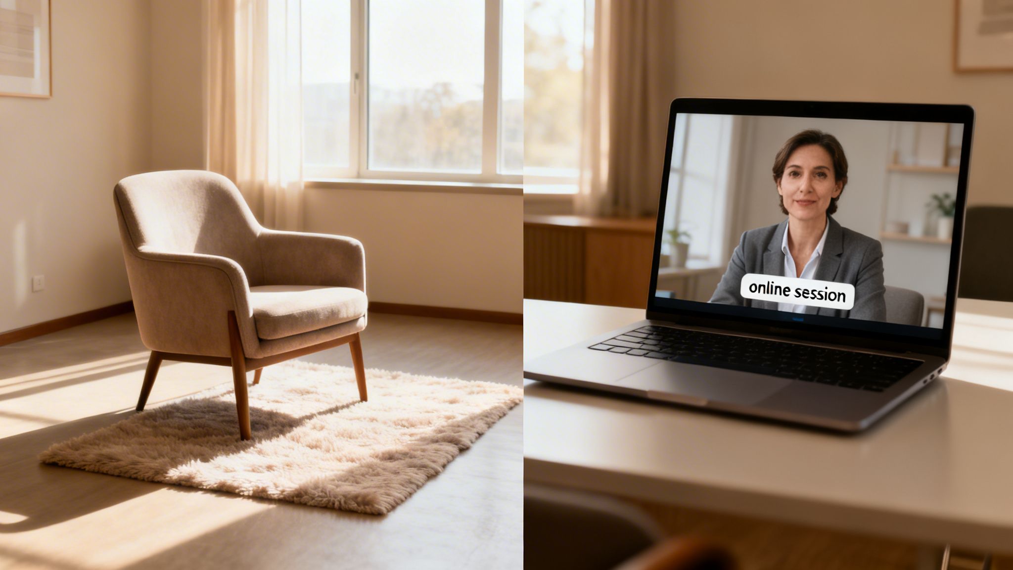 A split image showing an empty armchair in a sunny room and a laptop displaying an online session with a female therapist.